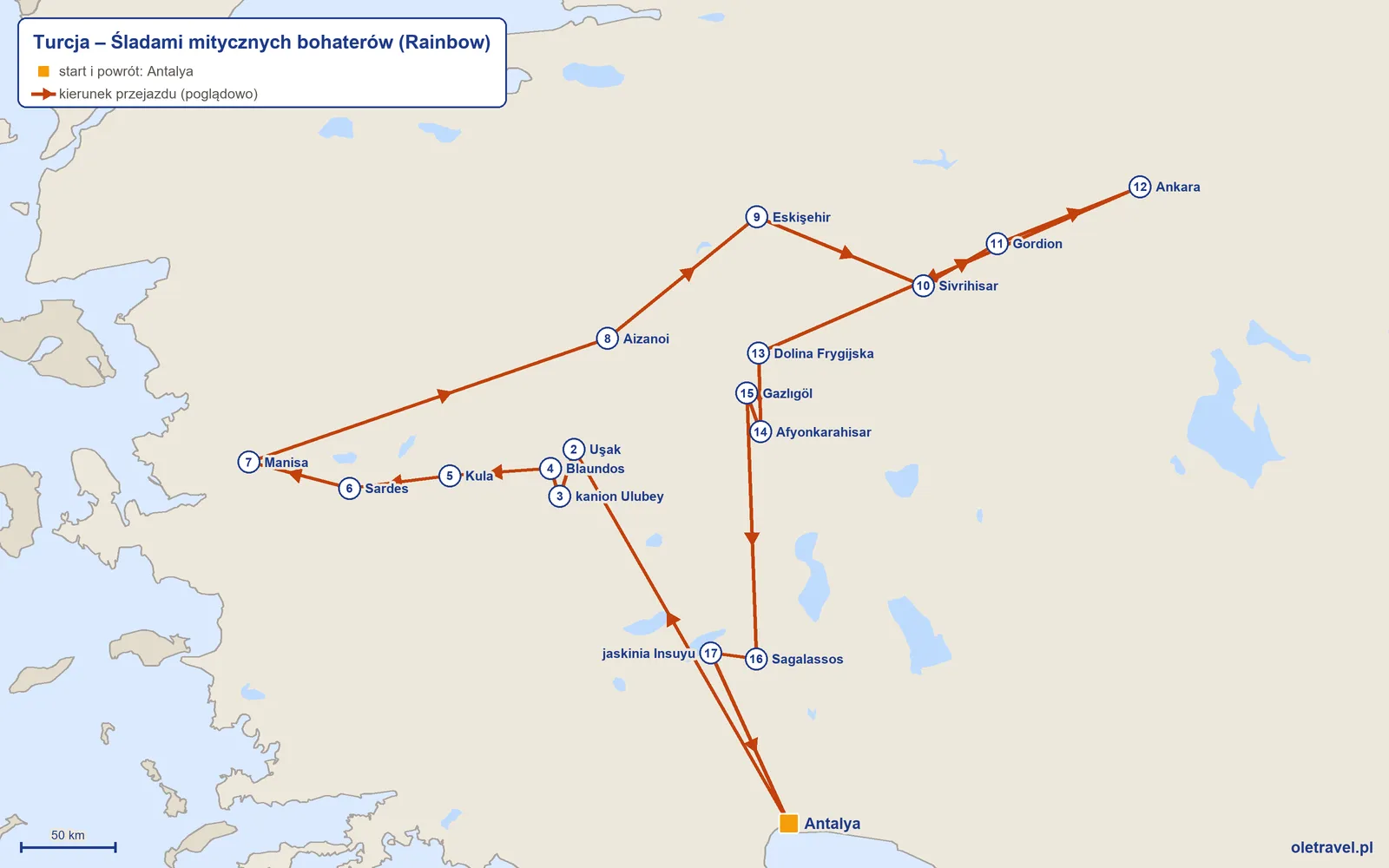 Mapa trasy wycieczki „Turcja – Śladami mitycznych bohaterów” z Rainbow: Antalya – Uşak – kanion Ulubey – Blaundos – Kula – Sardes – Manisa – Aizanoi – Eskişehir – Sivrihisar – Gordion – Ankara – Dolina Frygijska – Afyonkarahisar – Gazlıgöl – Sagalassos – jaskinia Insuyu – Antalya