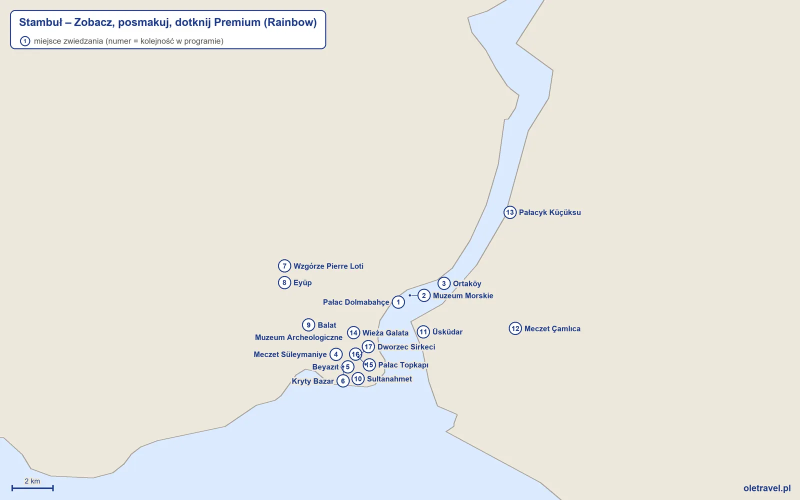 Mapa miejsc zwiedzanych na wycieczce „Stambuł – Zobacz, posmakuj, dotknij Premium” z Rainbow