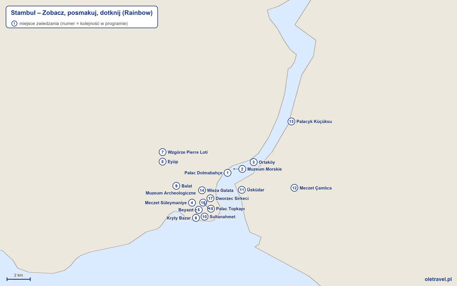 Mapa miejsc zwiedzanych na wycieczce „Stambuł – Zobacz, posmakuj, dotknij” z Rainbow