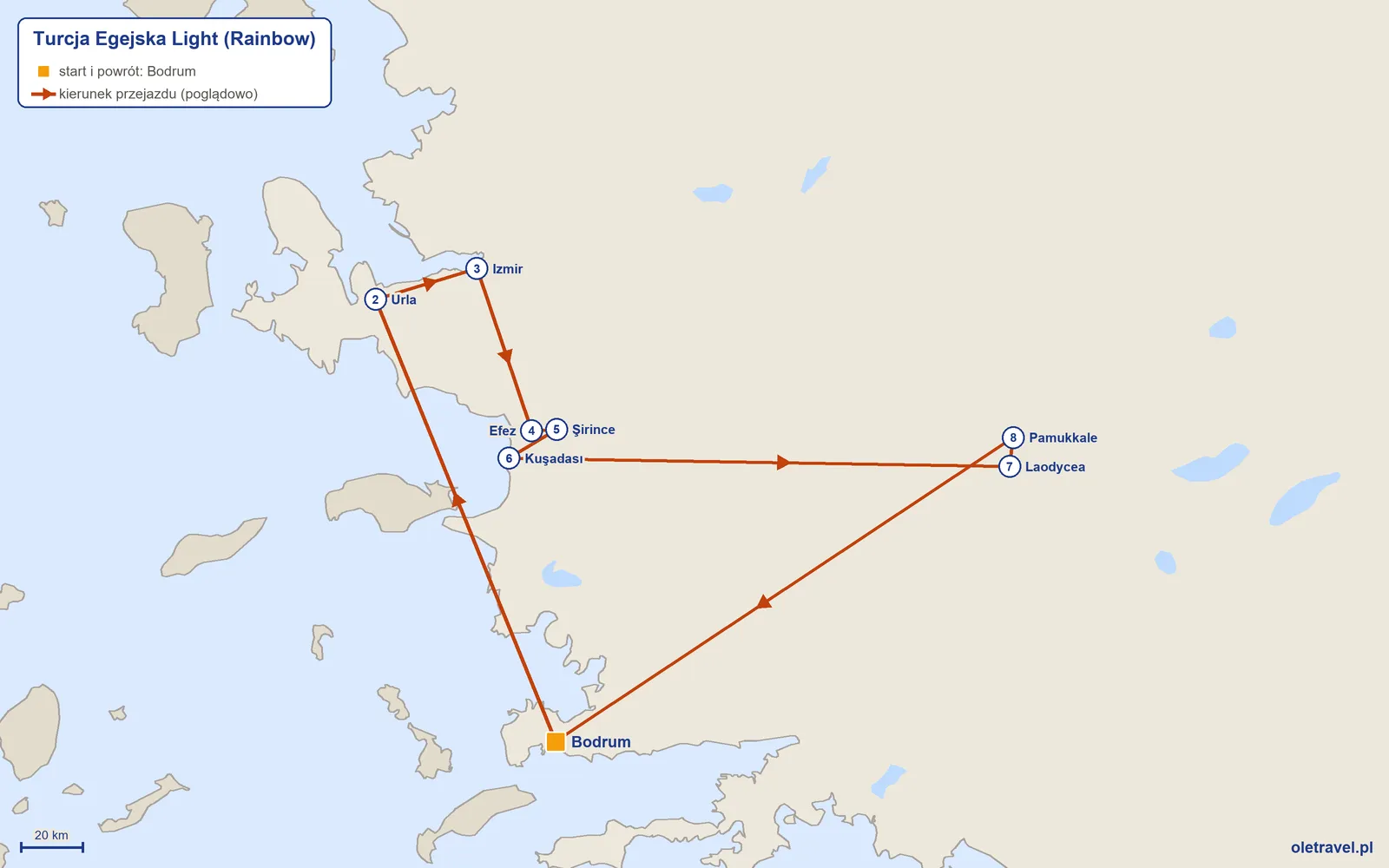 Mapa trasy wycieczki „Turcja Egejska Light” z Rainbow: Bodrum – Urla – Izmir – Efez – Şirince – Kuşadası – Laodycea – Pamukkale – Bodrum