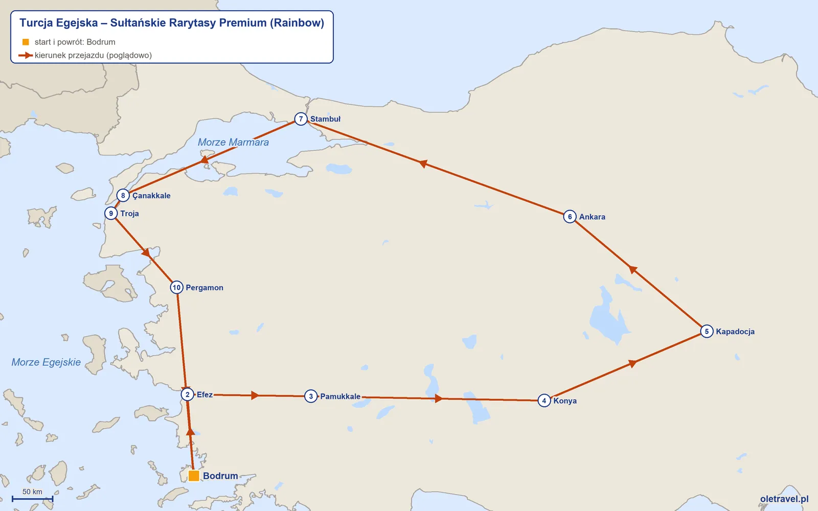Mapa trasy wycieczki „Turcja Egejska – Sułtańskie Rarytasy Premium” z Rainbow: Bodrum – Efez – Pamukkale – Konya – Kapadocja – Ankara – Stambuł – Çanakkale – Troja – Pergamon – Bodrum