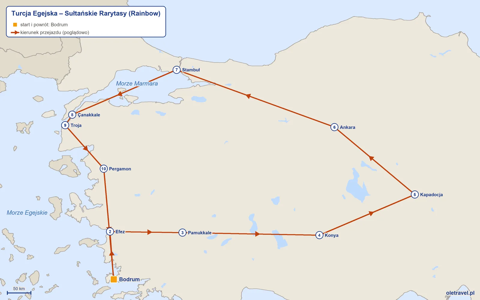 Mapa trasy wycieczki „Turcja Egejska – Sułtańskie Rarytasy” z Rainbow: Bodrum – Efez – Pamukkale – Konya – Kapadocja – Ankara – Stambuł – Çanakkale – Troja – Pergamon – Bodrum