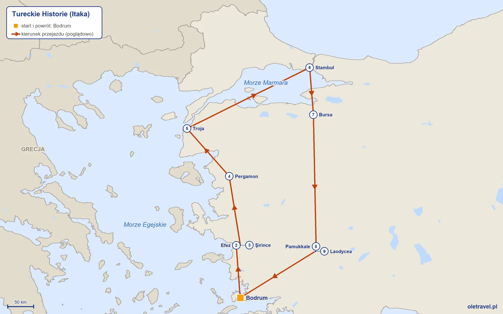 Mapa trasy wycieczki „Tureckie Historie” z Itaką: Bodrum – Efez – Şirince – Pergamon – Troja – Stambuł – Bursa – Pamukkale – Laodycea – Bodrum