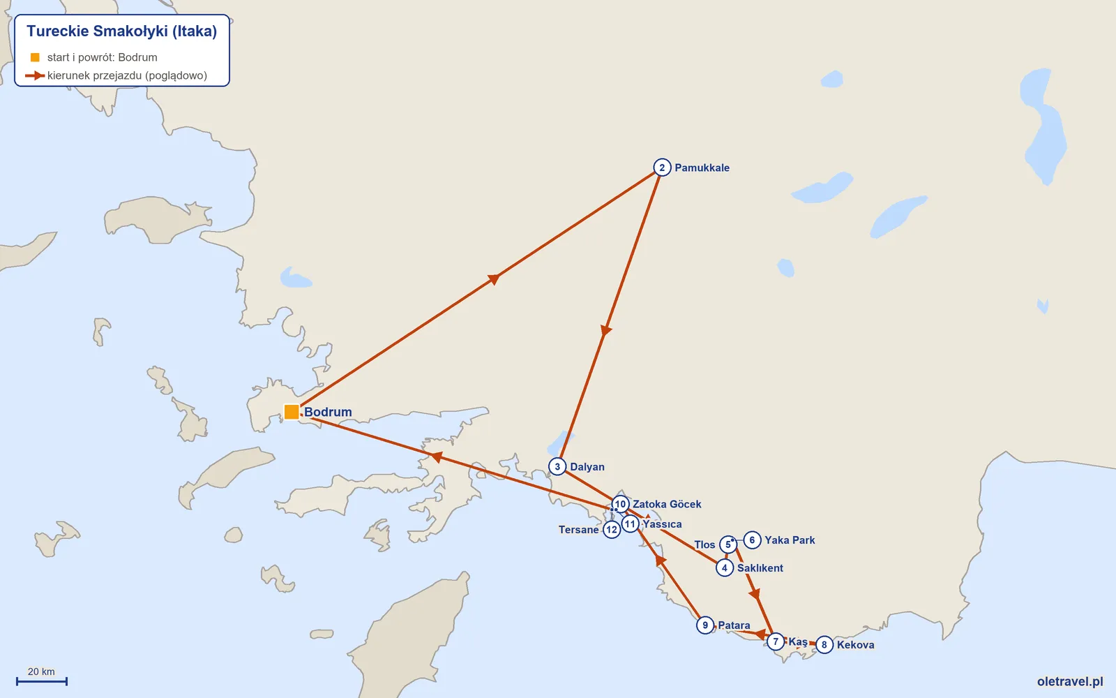 Mapa trasy wycieczki „Tureckie Smakołyki” z Itaką: Bodrum – Pamukkale – Dalyan – Saklıkent – Tlos – Yaka Park – Kaş – Kekova – Patara – Zatoka Göcek – Yassıca – Tersane – Bodrum