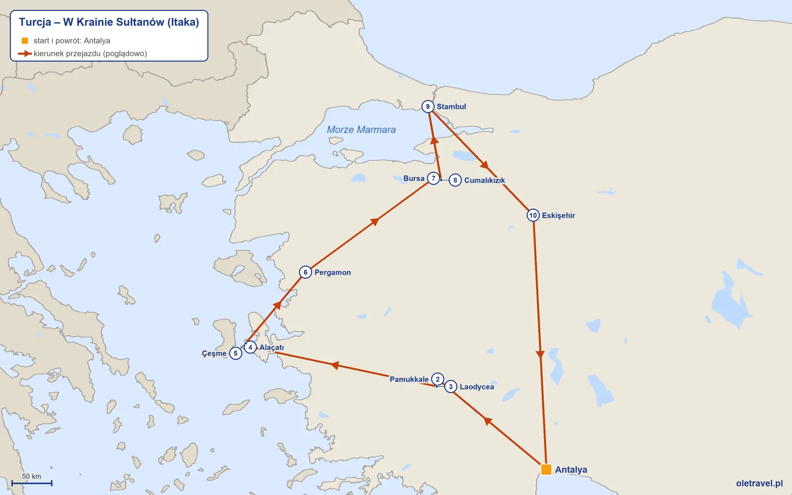 Mapa trasy wycieczki „Turcja – W Krainie Sułtanów” z Itaką: Antalya – Pamukkale – Laodycea – Alaçatı – Çeşme – Pergamon – Bursa – Cumalıkızık – Stambuł – Eskişehir – Antalya