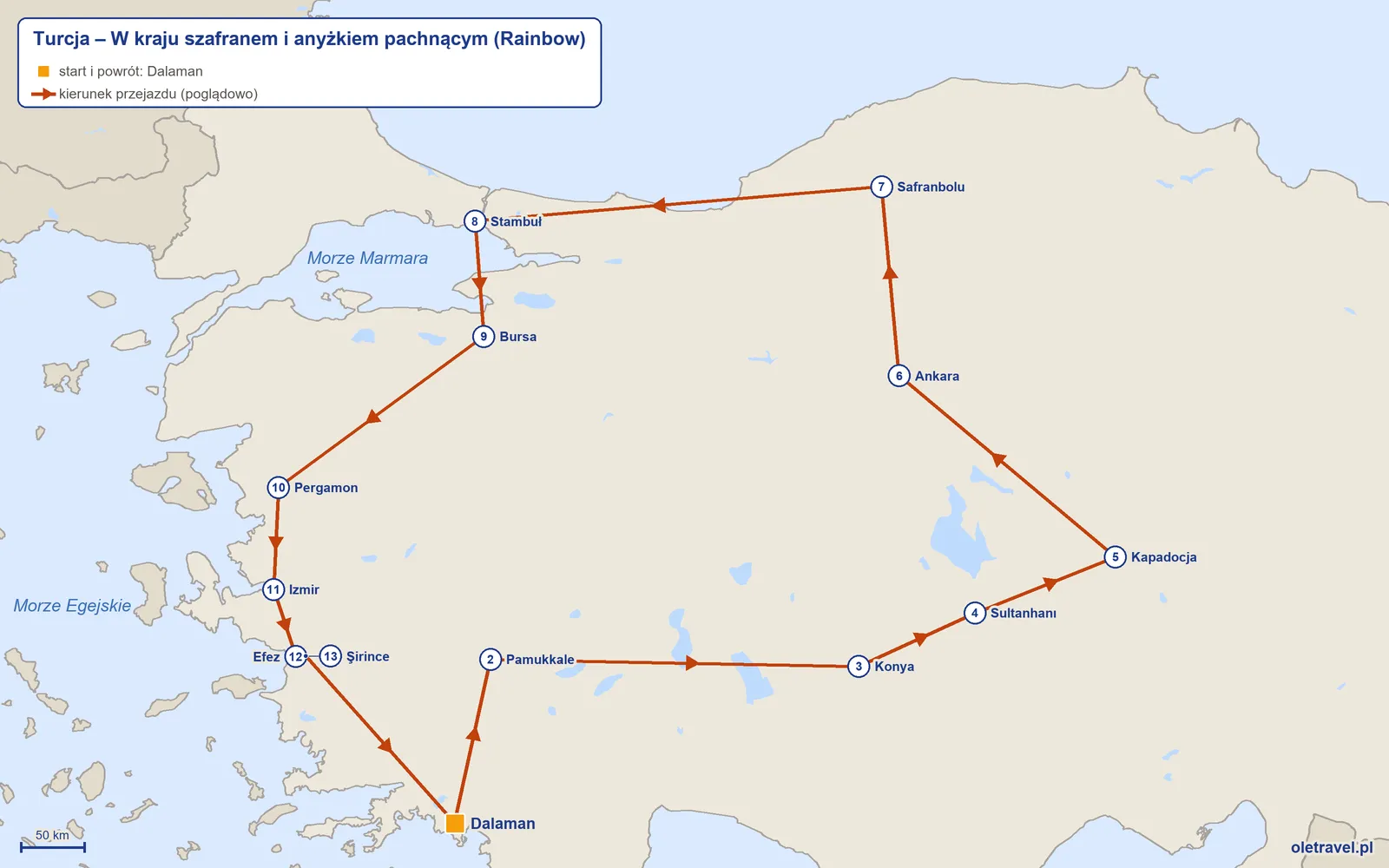 Mapa trasy wycieczki „Turcja – W kraju szafranem i anyżkiem pachnącym” z Rainbow: Dalaman – Pamukkale – Konya – Sultanhanı – Kapadocja – Ankara – Safranbolu – Stambuł – Bursa – Pergamon – Izmir – Efez – Şirince – Dalaman