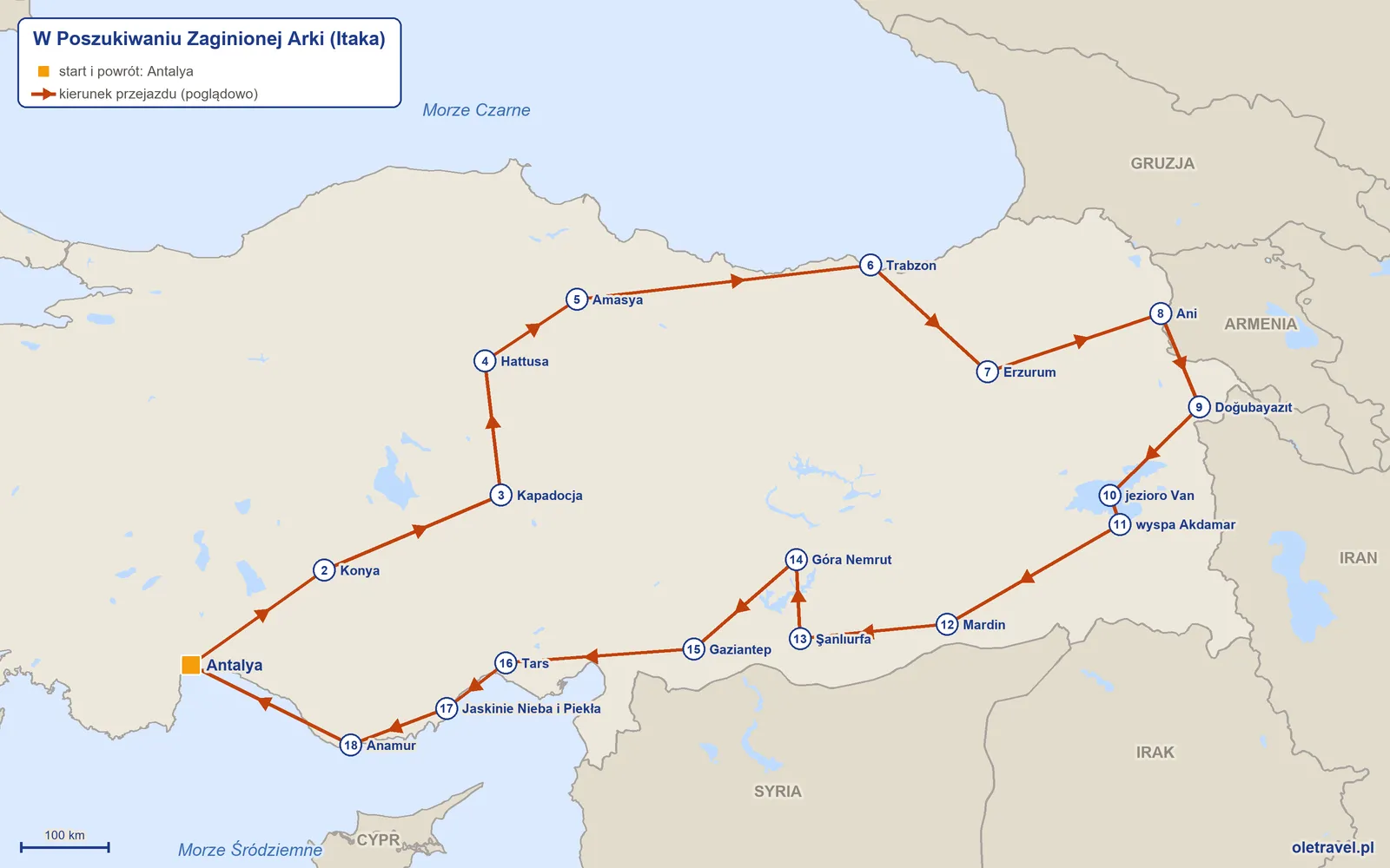 Mapa trasy wycieczki „W Poszukiwaniu Zaginionej Arki” z Itaką: Antalya – Konya – Kapadocja – Hattusa – Amasya – Trabzon – Erzurum – Ani – Doğubayazıt – jezioro Van – wyspa Akdamar – Mardin – Şanlıurfa – Góra Nemrut – Gaziantep – Tars – Jaskinie Nieba i Piekła – Anamur – Antalya