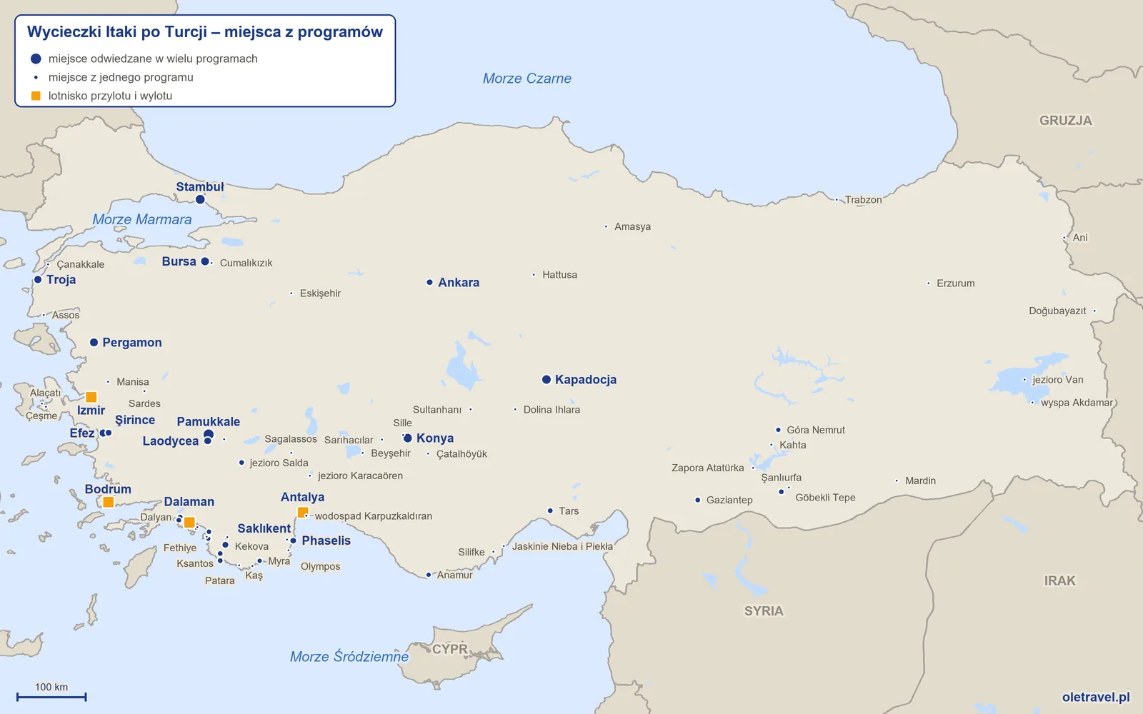Mapa: Turcja z miejscami z programów wycieczek objazdowych Itaki