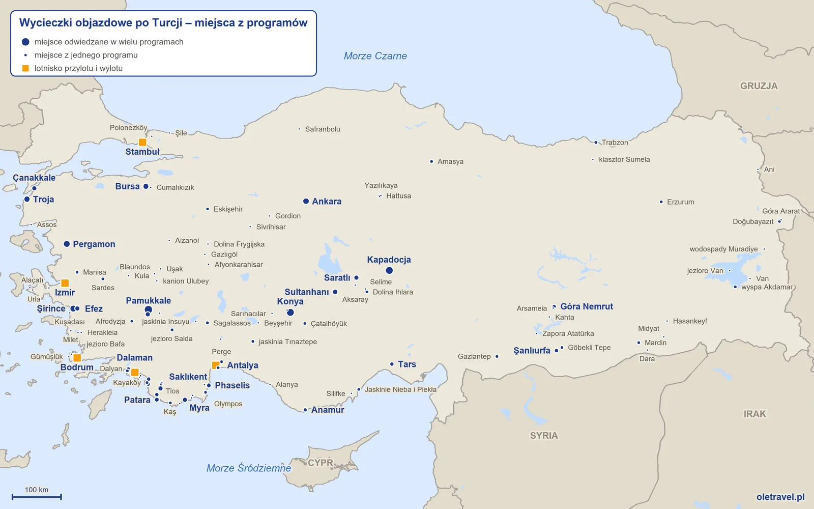 Mapa: Turcja z miejscami odwiedzanymi na wycieczkach objazdowych z naszej oferty