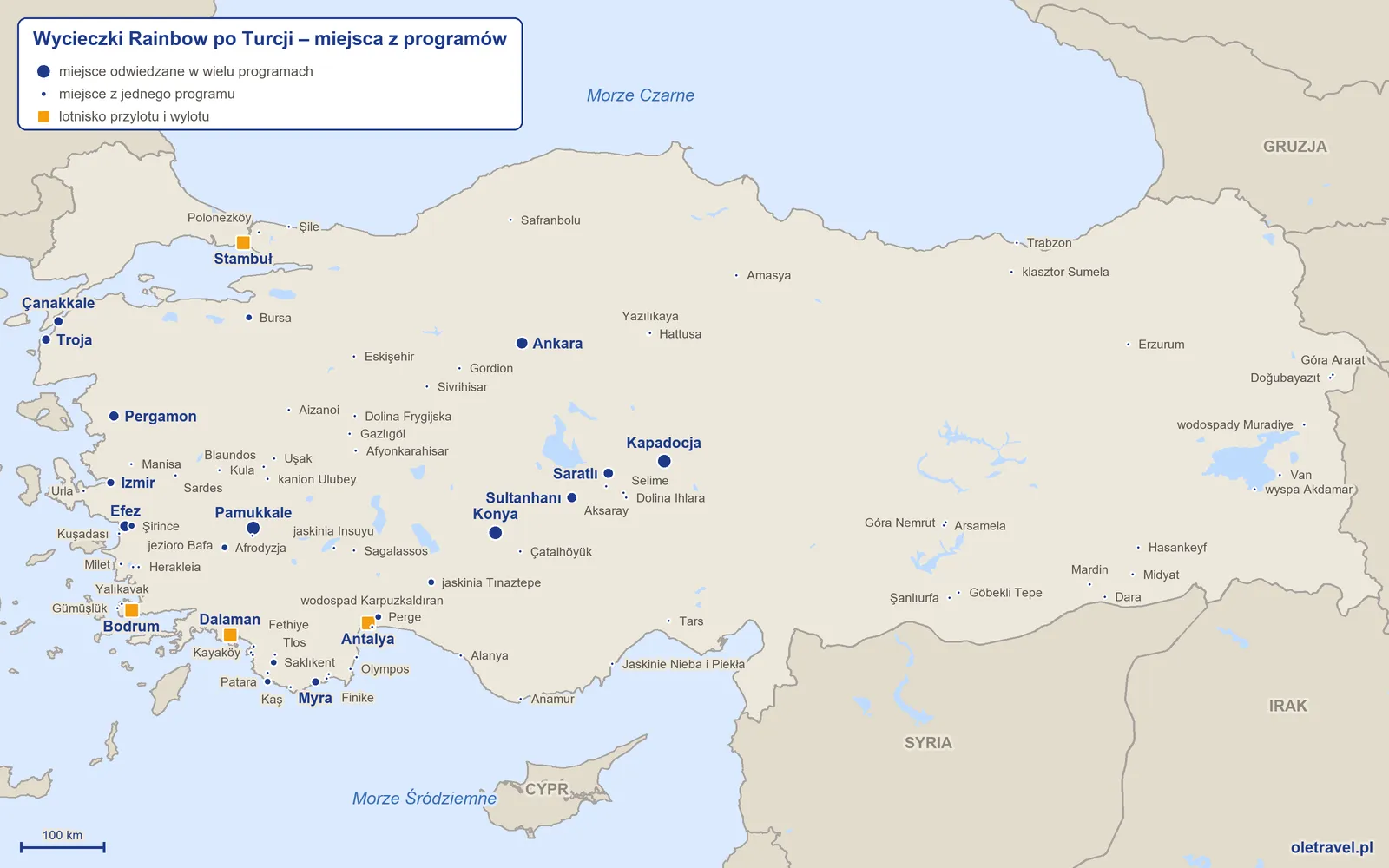 Mapa: Turcja z miejscami z programów wycieczek objazdowych Rainbow