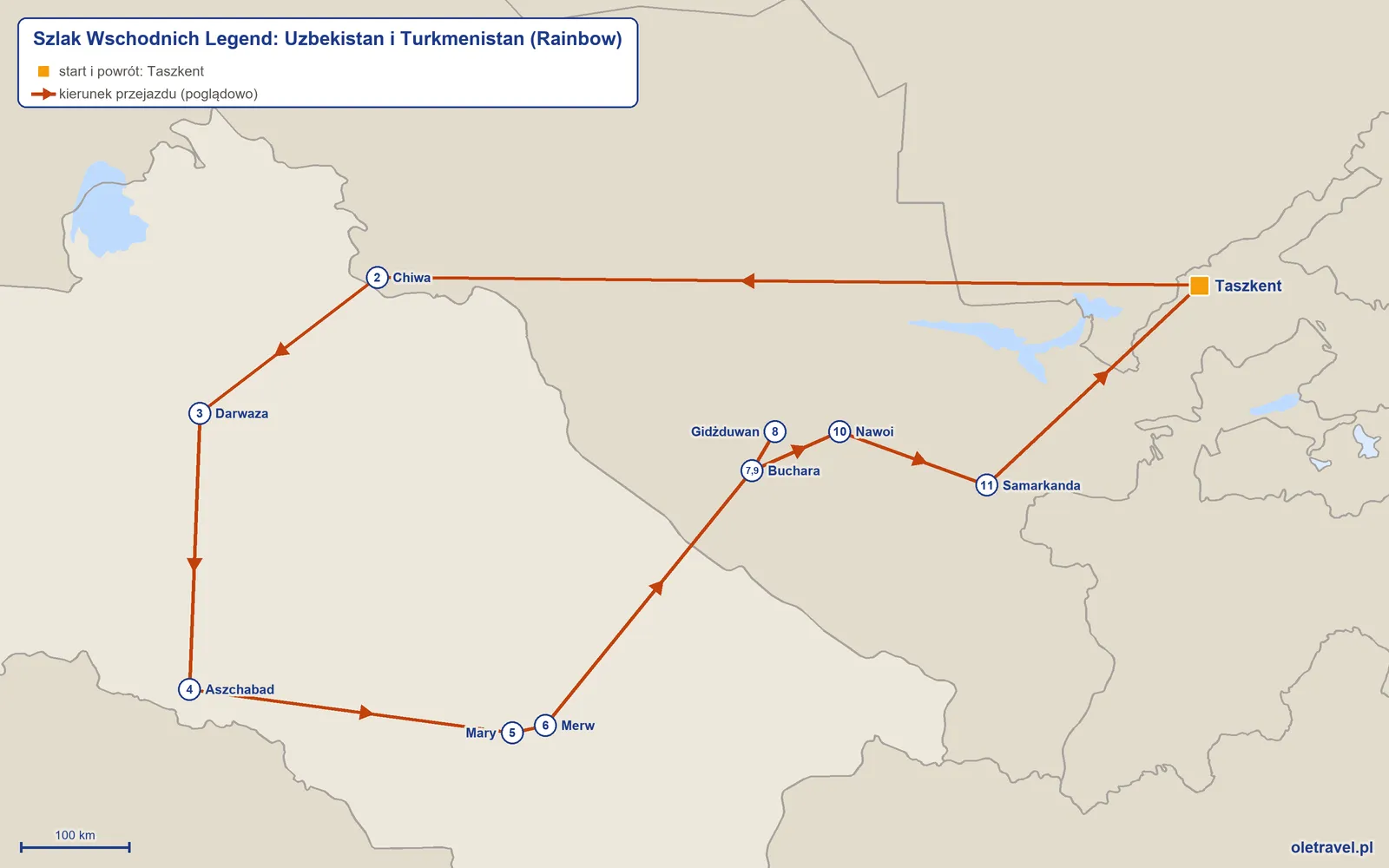 Mapa trasy wycieczki „Szlak Wschodnich Legend: Uzbekistan i Turkmenistan” z Rainbow: Taszkent – Chiwa – Darwaza – Aszchabad – Mary – Merw – Buchara – Gidżduwan – Buchara – Nawoi – Samarkanda – Taszkent