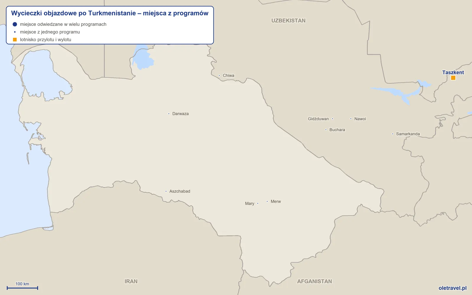 Mapa: Turkmenistan z miejscami odwiedzanymi na wycieczkach objazdowych z naszej oferty