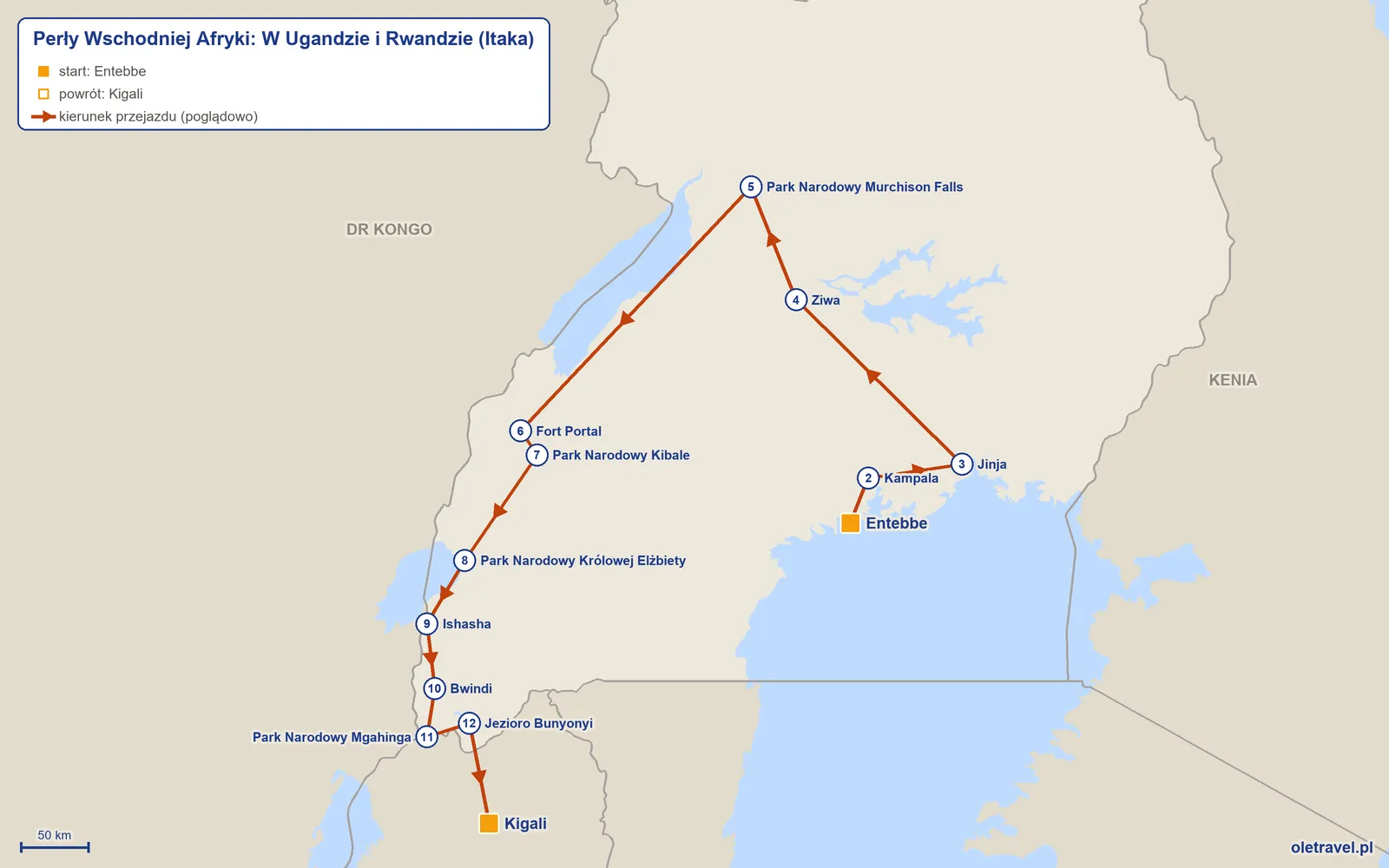 Mapa trasy wycieczki „Perły Wschodniej Afryki: W Ugandzie i Rwandzie” z Itaką: Entebbe – Kampala – Jinja – Ziwa – Park Narodowy Murchison Falls – Fort Portal – Park Narodowy Kibale – Park Narodowy Królowej Elżbiety – Ishasha – Bwindi – Park Narodowy Mgahinga – Jezioro Bunyonyi – Kigali