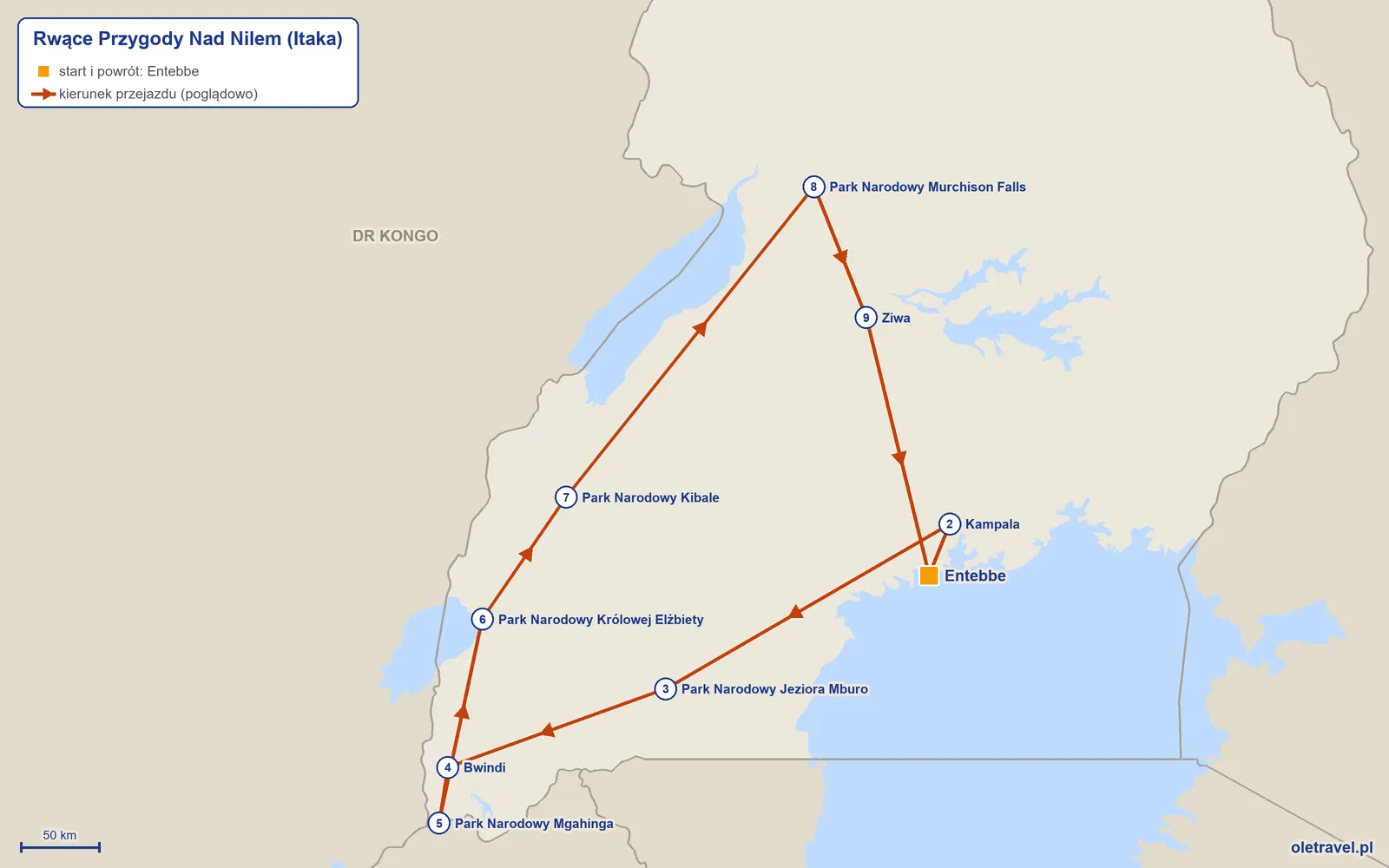 Mapa trasy wycieczki „Rwące Przygody Nad Nilem” z Itaką: Entebbe – Kampala – Park Narodowy Jeziora Mburo – Bwindi – Park Narodowy Mgahinga – Park Narodowy Królowej Elżbiety – Park Narodowy Kibale – Park Narodowy Murchison Falls – Ziwa – Entebbe