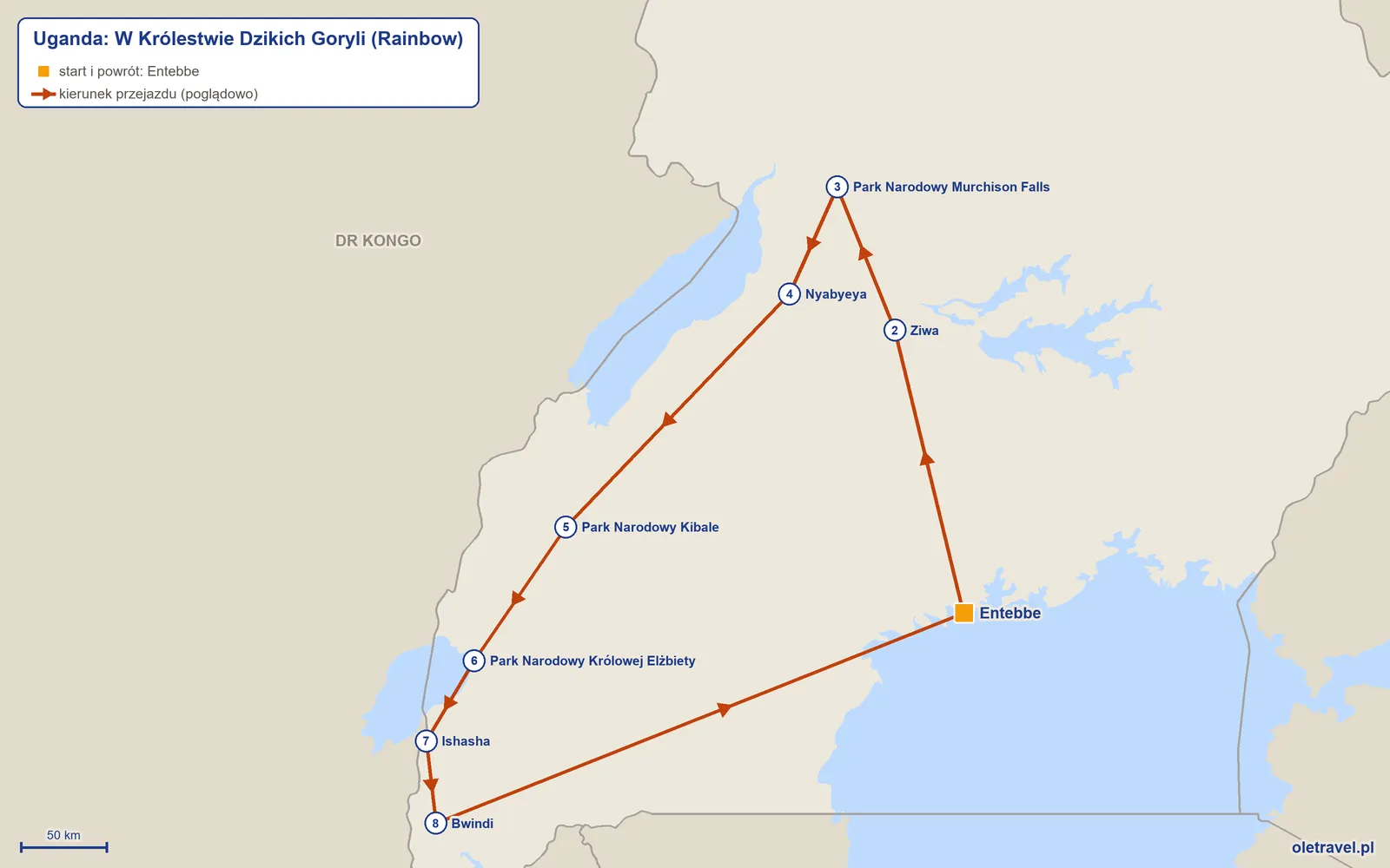 Mapa trasy wycieczki „Uganda: W Królestwie Dzikich Goryli” z Rainbow: Entebbe – Ziwa – Park Narodowy Murchison Falls – Nyabyeya – Park Narodowy Kibale – Park Narodowy Królowej Elżbiety – Ishasha – Bwindi – Entebbe