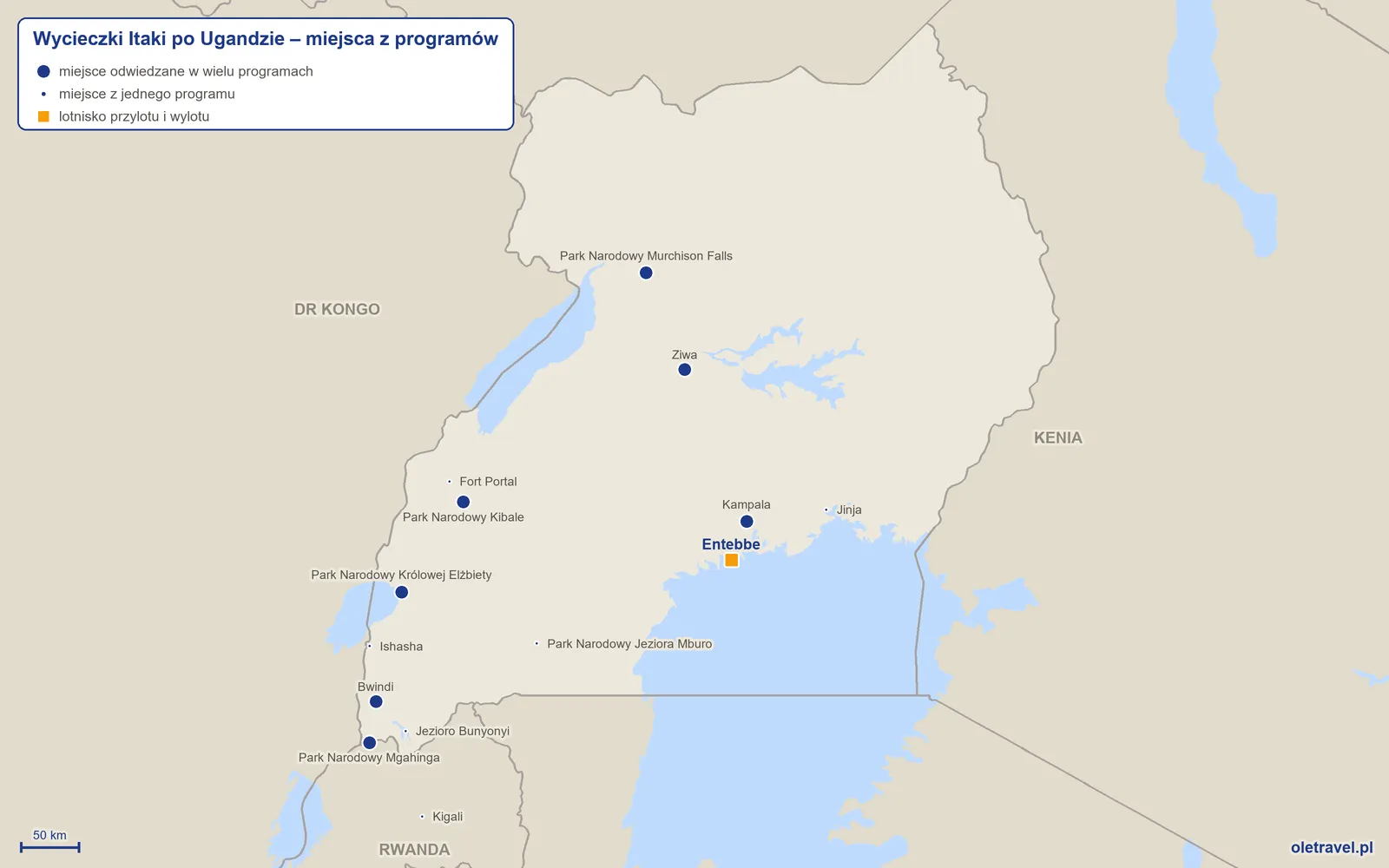 Mapa: Uganda z miejscami z programów wycieczek objazdowych Itaki