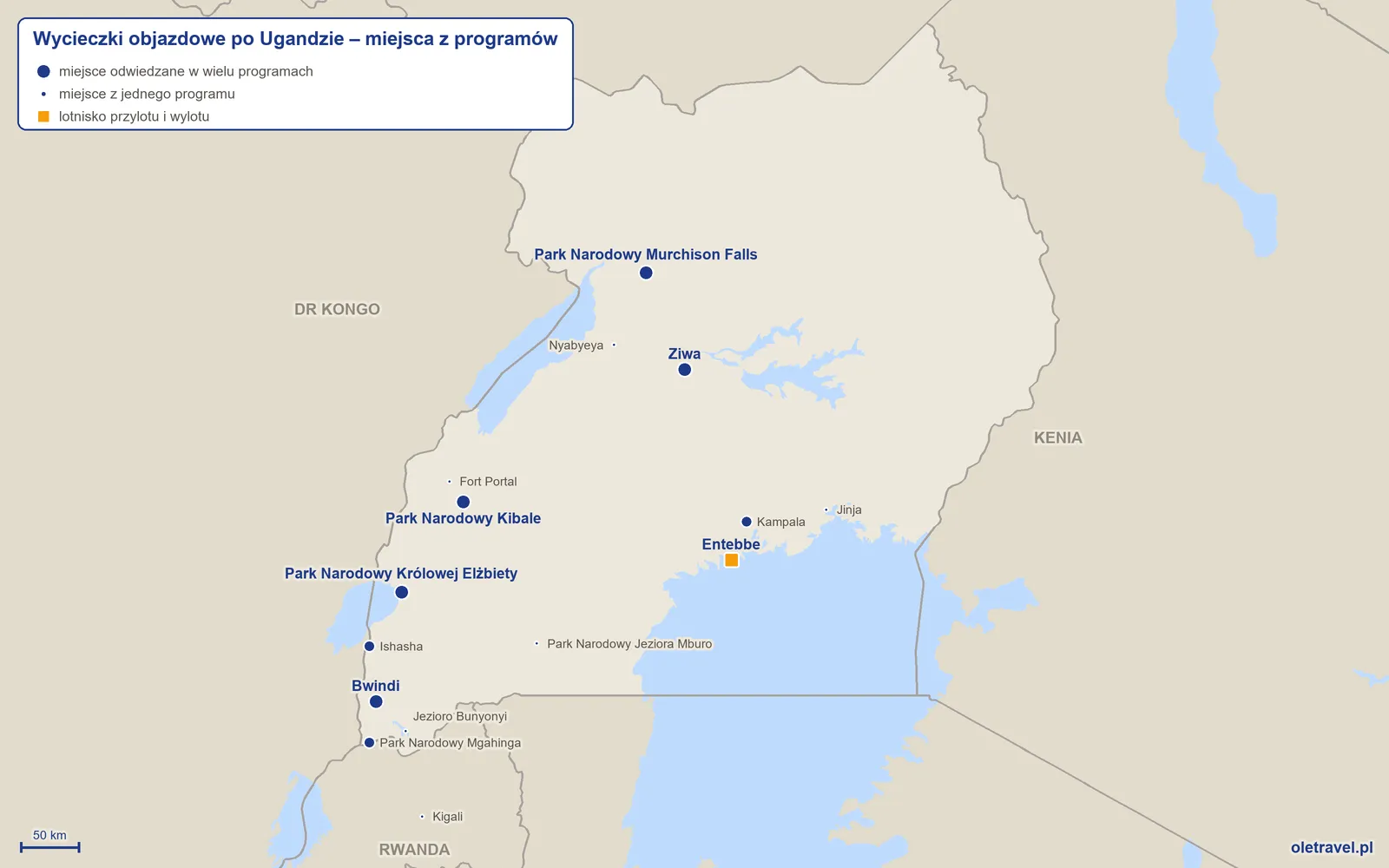 Mapa: Uganda z miejscami odwiedzanymi na wycieczkach objazdowych z naszej oferty