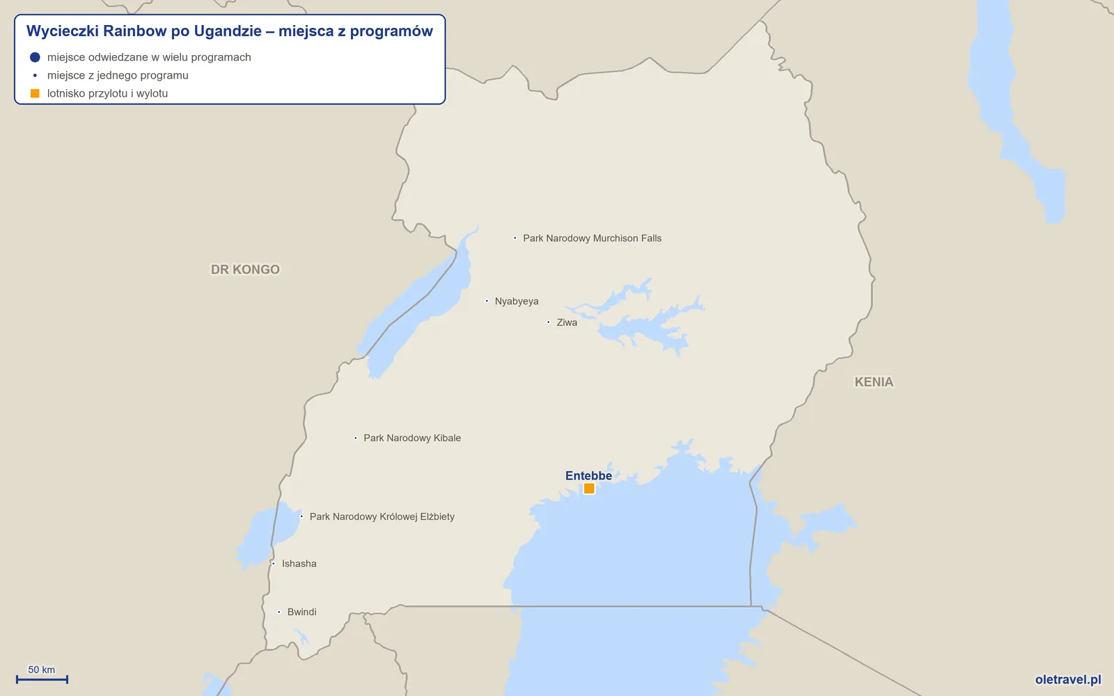 Mapa: Uganda z miejscami z programów wycieczek objazdowych Rainbow