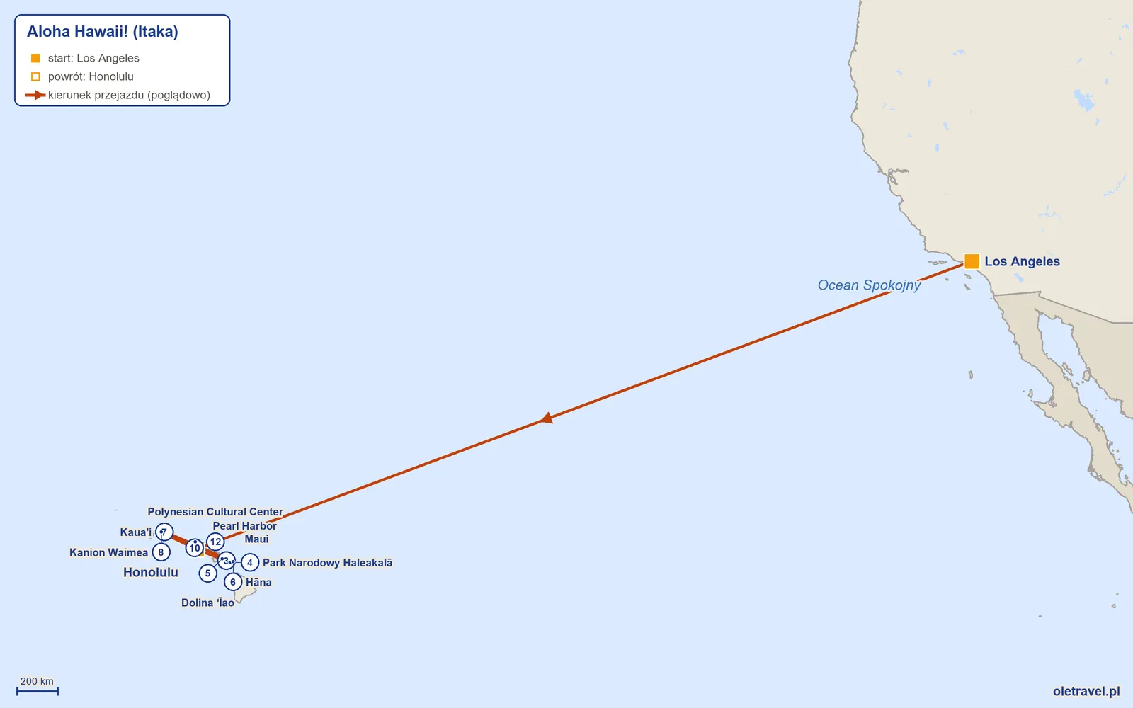 Mapa trasy wycieczki „Aloha Hawaii!” z Itaką: Los Angeles – Honolulu – Maui – Park Narodowy Haleakalā – Dolina ʻĪao – Hāna – Kaua'i – Kanion Waimea – Honolulu – Pearl Harbor – Honolulu – Polynesian Cultural Center – Honolulu