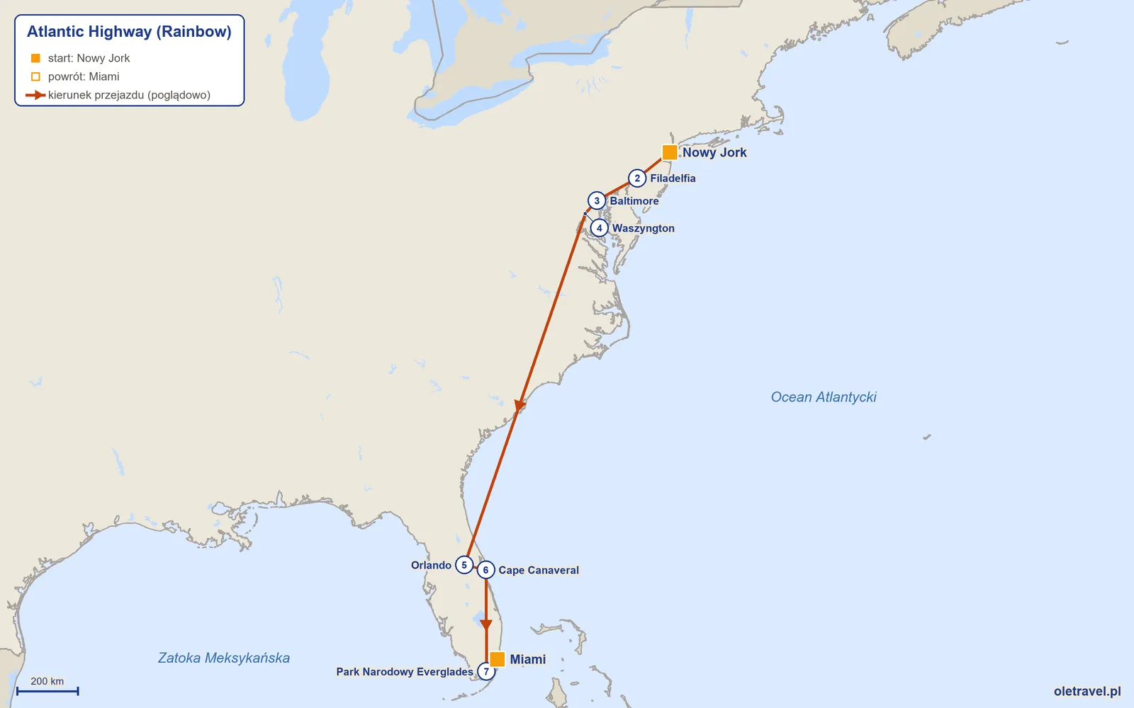 Mapa trasy wycieczki „Atlantic Highway” z Rainbow: Nowy Jork – Filadelfia – Baltimore – Waszyngton – Orlando – Cape Canaveral – Park Narodowy Everglades – Miami