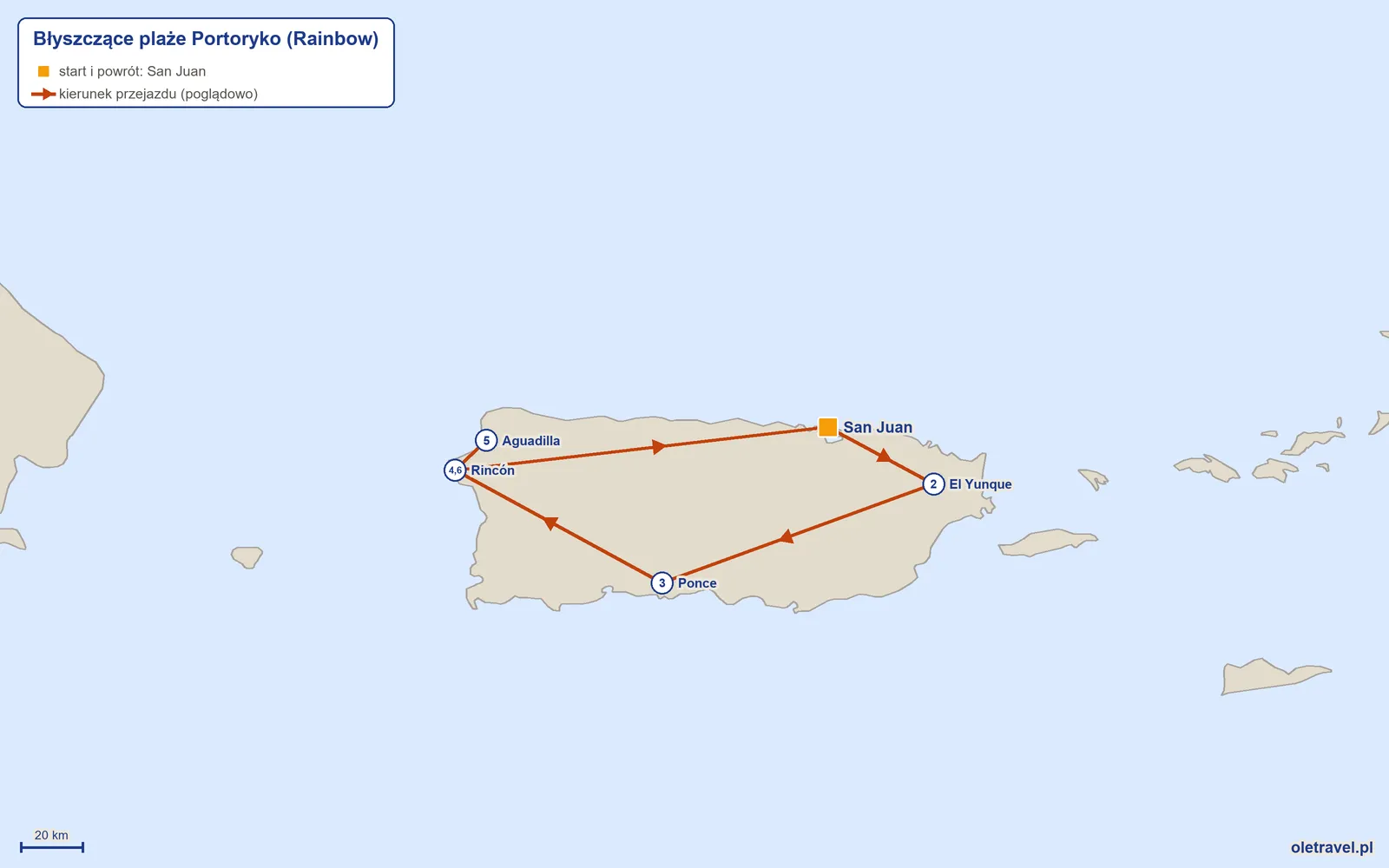 Mapa trasy wycieczki „Błyszczące plaże Portoryko” z Rainbow: San Juan – El Yunque – Ponce – Rincón – Aguadilla – Rincón – San Juan