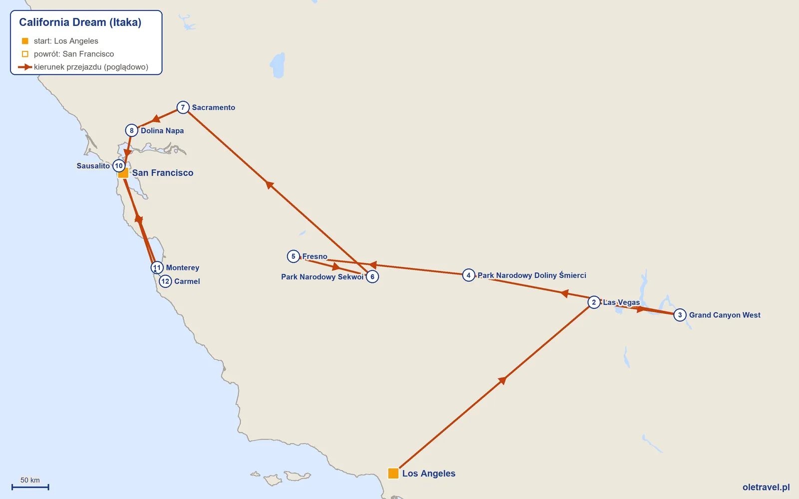 Mapa trasy wycieczki „California Dream” z Itaką: Los Angeles – Las Vegas – Grand Canyon West – Park Narodowy Doliny Śmierci – Fresno – Park Narodowy Sekwoi – Sacramento – Dolina Napa – San Francisco – Sausalito – Monterey – Carmel – San Francisco