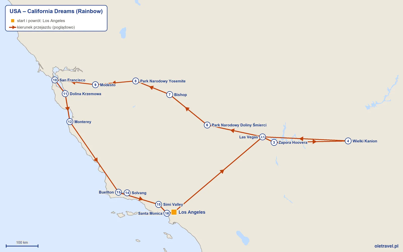 Mapa trasy wycieczki „USA – California Dreams” z Rainbow: Los Angeles – Las Vegas – Zapora Hoovera – Wielki Kanion – Las Vegas – Park Narodowy Doliny Śmierci – Bishop – Park Narodowy Yosemite – Modesto – San Francisco – Dolina Krzemowa – Monterey – Buellton – Solvang – Simi Valley – Santa Monica – Los Angeles