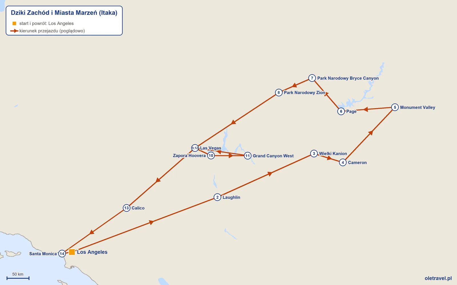 Mapa trasy wycieczki „Dziki Zachód i Miasta Marzeń” z Itaką: Los Angeles – Laughlin – Wielki Kanion – Cameron – Monument Valley – Page – Park Narodowy Bryce Canyon – Park Narodowy Zion – Las Vegas – Zapora Hoovera – Grand Canyon West – Las Vegas – Calico – Santa Monica – Los Angeles