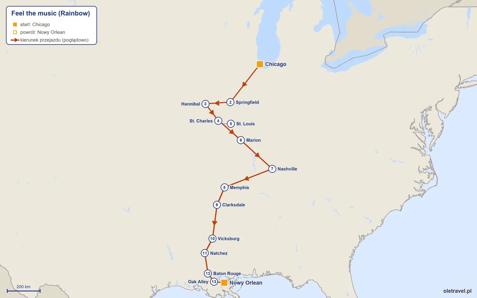 Mapa trasy wycieczki „Feel the music” z Rainbow: Chicago – Springfield – Hannibal – St. Charles – St. Louis – Marion – Nashville – Memphis – Clarksdale – Vicksburg – Natchez – Baton Rouge – Oak Alley – Nowy Orlean