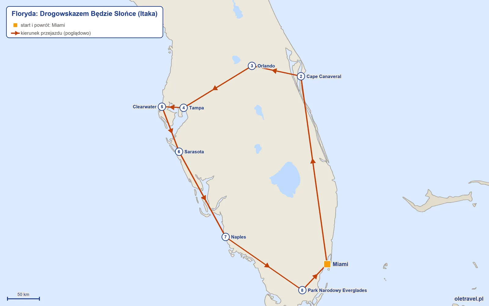 Mapa trasy wycieczki „Floryda: Drogowskazem Będzie Słońce” z Itaką: Miami – Cape Canaveral – Orlando – Tampa – Clearwater – Sarasota – Naples – Park Narodowy Everglades – Miami