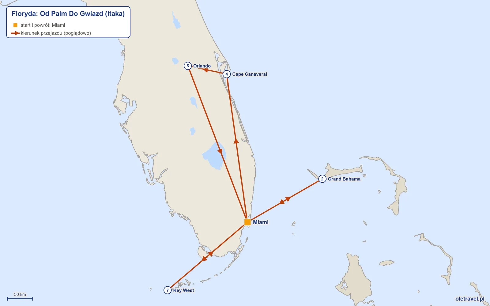 Mapa trasy wycieczki „Floryda: Od Palm Do Gwiazd” z Itaką: Miami – Grand Bahama – Miami – Cape Canaveral – Orlando – Miami – Key West – Miami