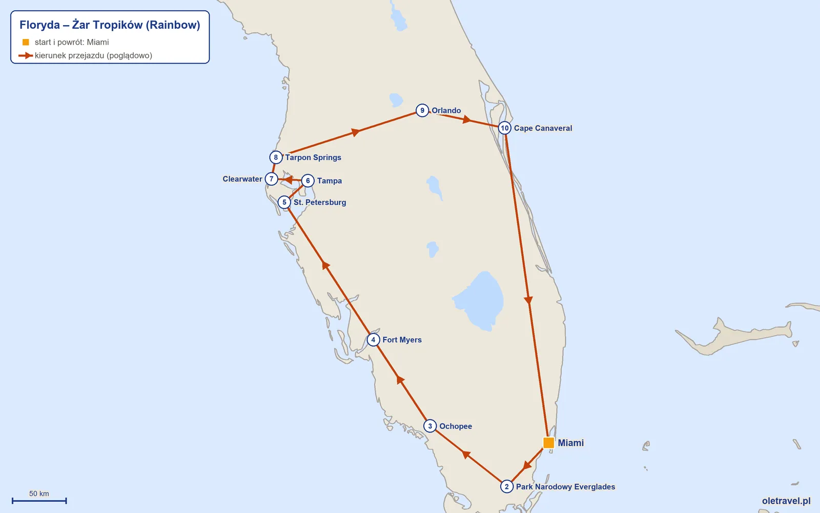 Mapa trasy wycieczki „Floryda – Żar Tropików” z Rainbow: Miami – Park Narodowy Everglades – Ochopee – Fort Myers – St. Petersburg – Tampa – Clearwater – Tarpon Springs – Orlando – Cape Canaveral – Miami