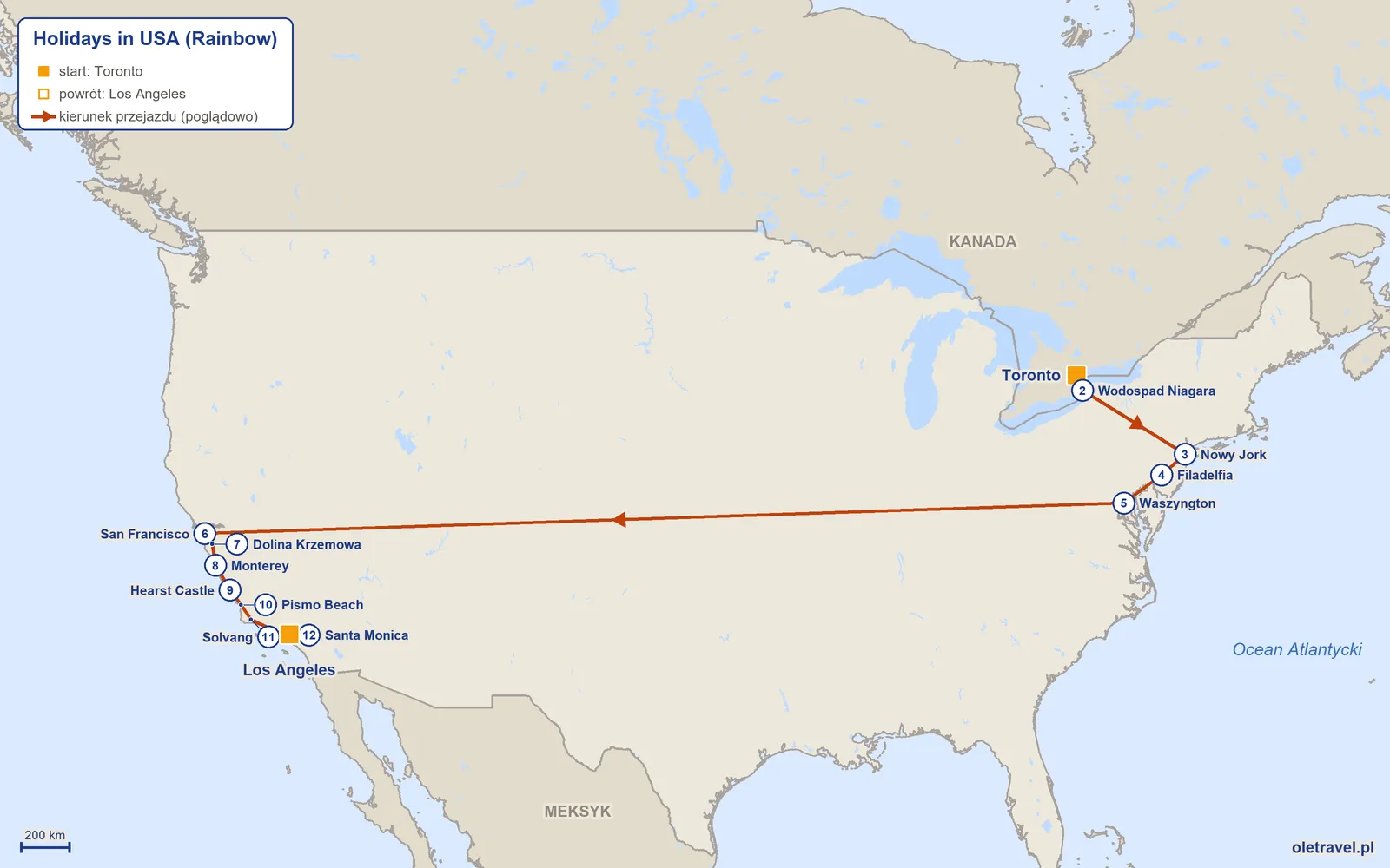 Mapa trasy wycieczki „Holidays in USA” z Rainbow: Toronto – Wodospad Niagara – Nowy Jork – Filadelfia – Waszyngton – San Francisco – Dolina Krzemowa – Monterey – Hearst Castle – Pismo Beach – Solvang – Santa Monica – Los Angeles