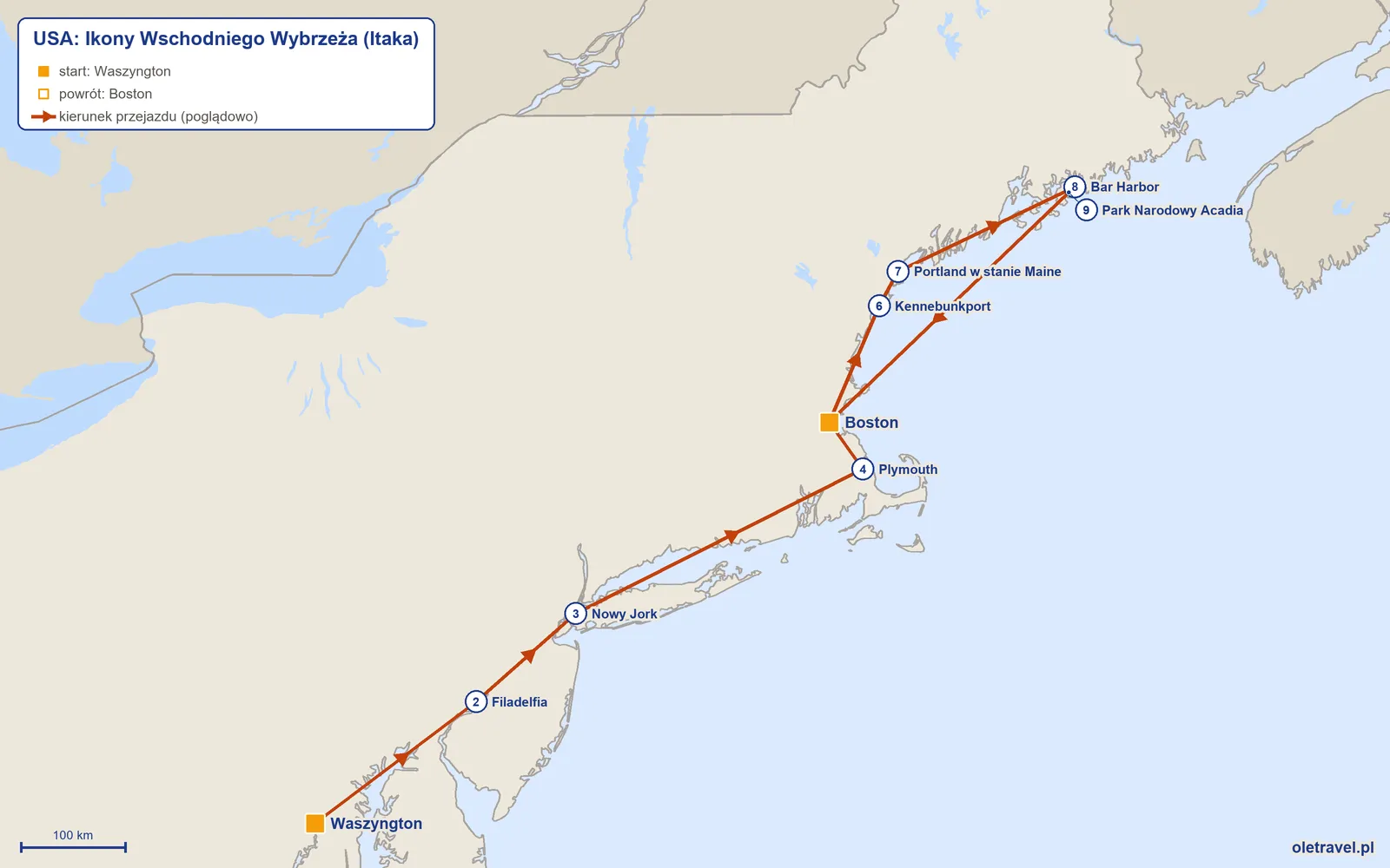 Mapa trasy wycieczki „USA: Ikony Wschodniego Wybrzeża” z Itaką: Waszyngton – Filadelfia – Nowy Jork – Plymouth – Boston – Kennebunkport – Portland w stanie Maine – Bar Harbor – Park Narodowy Acadia – Boston