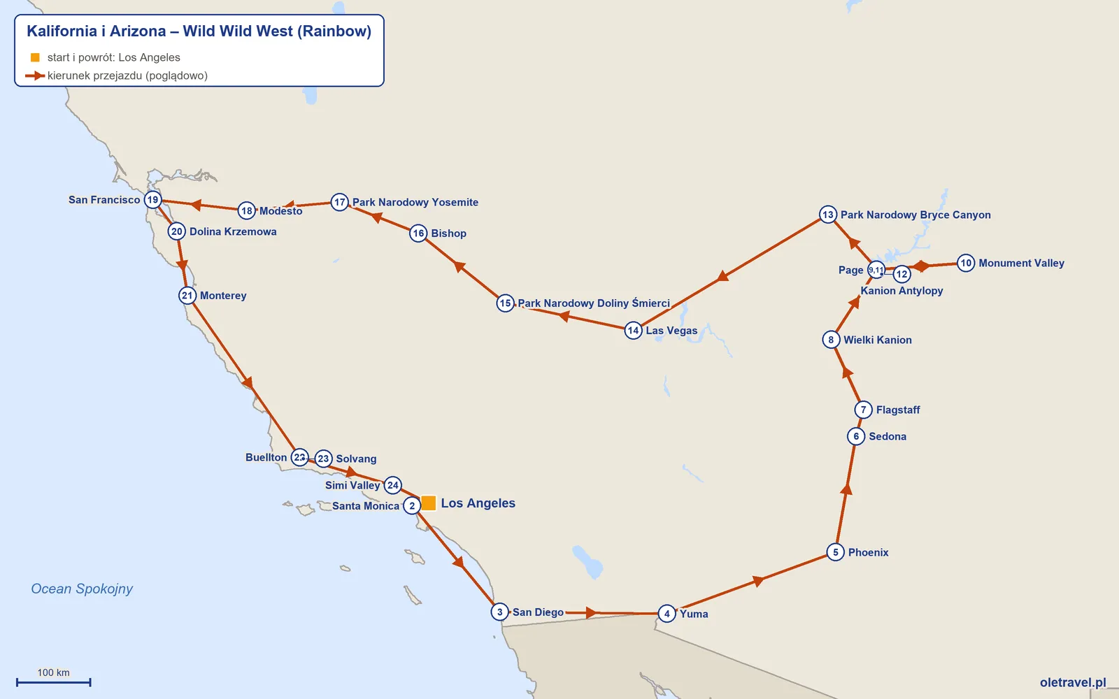 Mapa trasy wycieczki „Kalifornia i Arizona – Wild Wild West” z Rainbow: Los Angeles – Santa Monica – San Diego – Yuma – Phoenix – Sedona – Flagstaff – Wielki Kanion – Page – Monument Valley – Page – Kanion Antylopy – Park Narodowy Bryce Canyon – Las Vegas – Park Narodowy Doliny Śmierci – Bishop – Park Narodowy Yosemite – Modesto – San Francisco – Dolina Krzemowa – Monterey – Buellton – Solvang – Simi Valley – Los Angeles