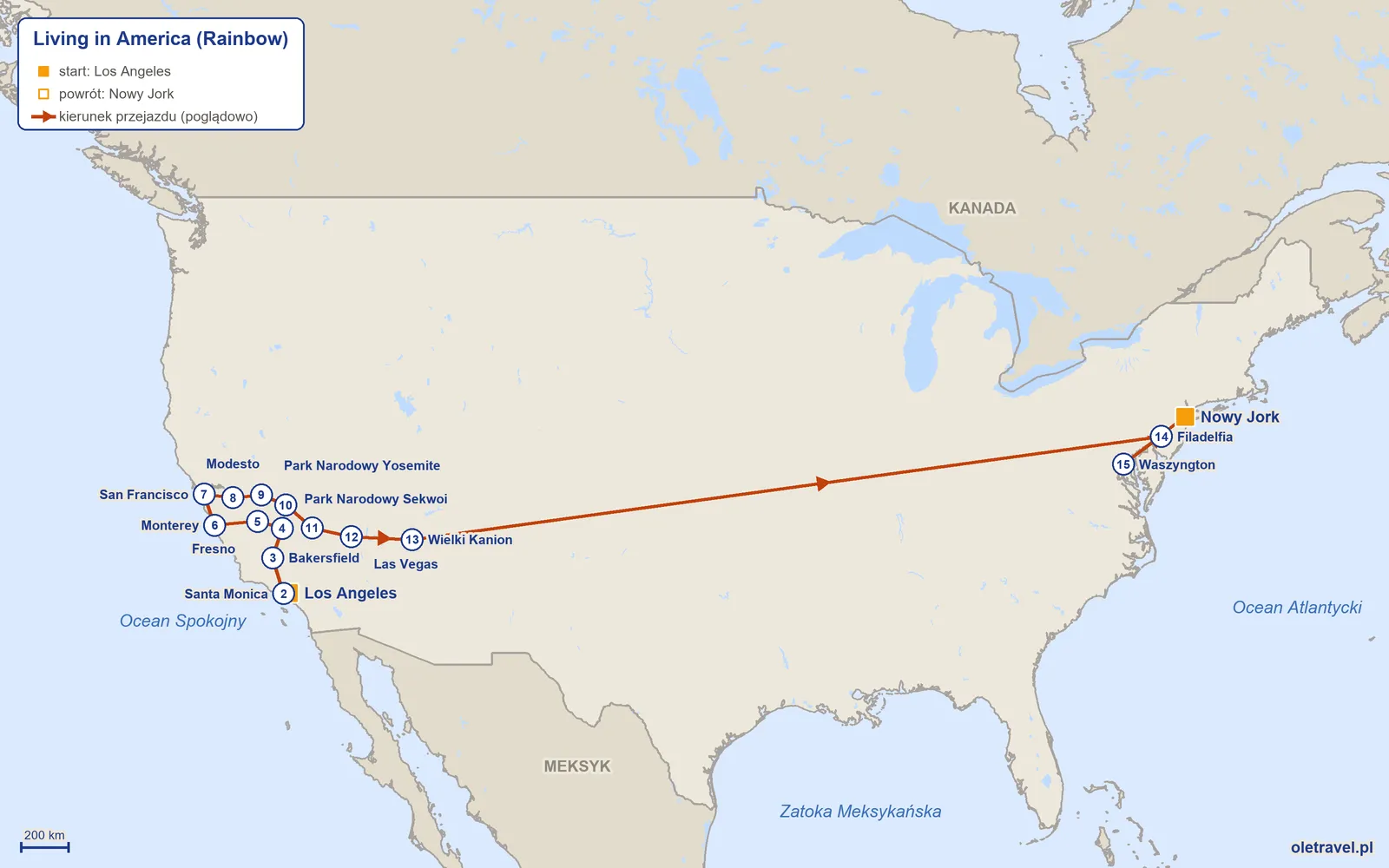Mapa trasy wycieczki „Living in America” z Rainbow: Los Angeles – Santa Monica – Bakersfield – Park Narodowy Sekwoi – Fresno – Monterey – San Francisco – Modesto – Park Narodowy Yosemite – Bishop – Park Narodowy Doliny Śmierci – Las Vegas – Wielki Kanion – Filadelfia – Waszyngton – Nowy Jork