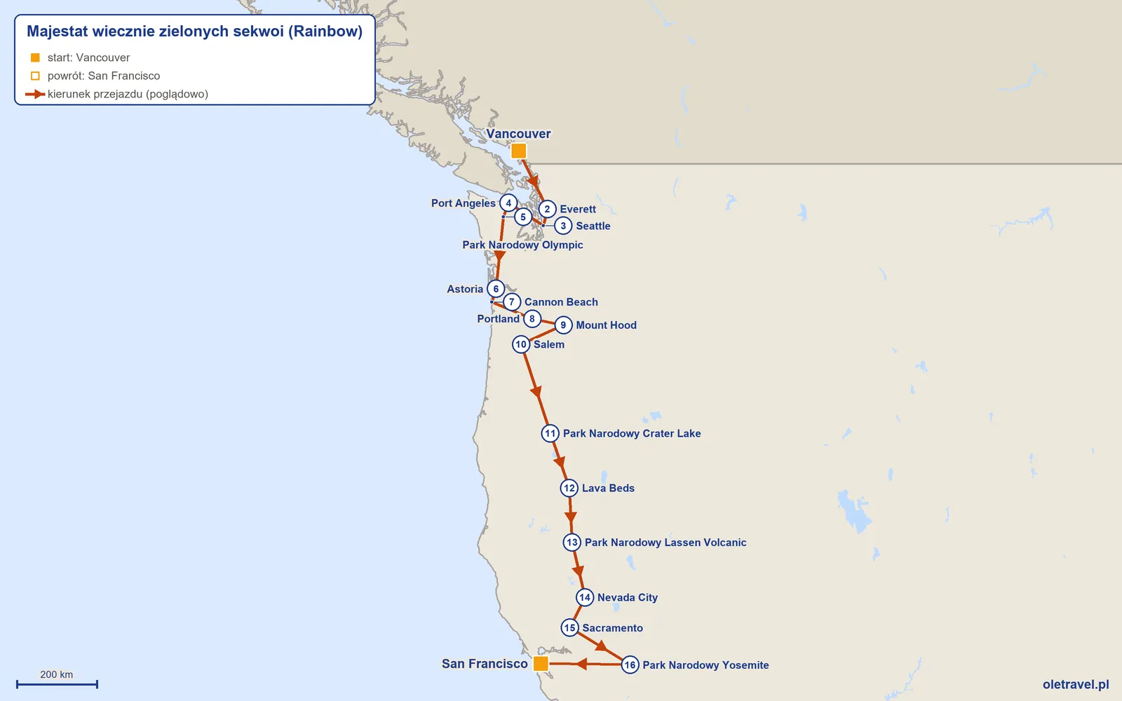 Mapa trasy wycieczki „Majestat wiecznie zielonych sekwoi” z Rainbow: Vancouver – Everett – Seattle – Port Angeles – Park Narodowy Olympic – Astoria – Cannon Beach – Portland – Mount Hood – Salem – Park Narodowy Crater Lake – Lava Beds – Park Narodowy Lassen Volcanic – Nevada City – Sacramento – Park Narodowy Yosemite – San Francisco