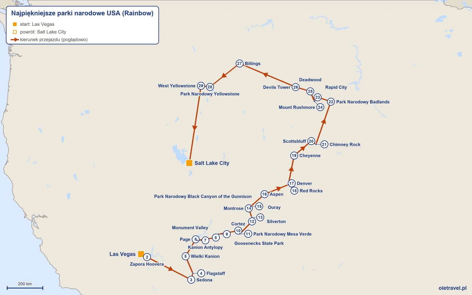 Mapa trasy wycieczki „Najpiękniejsze parki narodowe USA” z Rainbow: Las Vegas – Zapora Hoovera – Sedona – Flagstaff – Wielki Kanion – Page – Kanion Antylopy – Monument Valley – Goosenecks State Park – Cortez – Park Narodowy Mesa Verde – Silverton – Ouray – Montrose – Park Narodowy Black Canyon of the Gunnison – Aspen – Denver – Red Rocks – Cheyenne – Scottsbluff – Chimney Rock – Park Narodowy Badlands – Rapid City – Mount Rushmore – Deadwood – Devils Tower – Billings – Park Narodowy Yellowstone – West Yellowstone – Salt Lake City