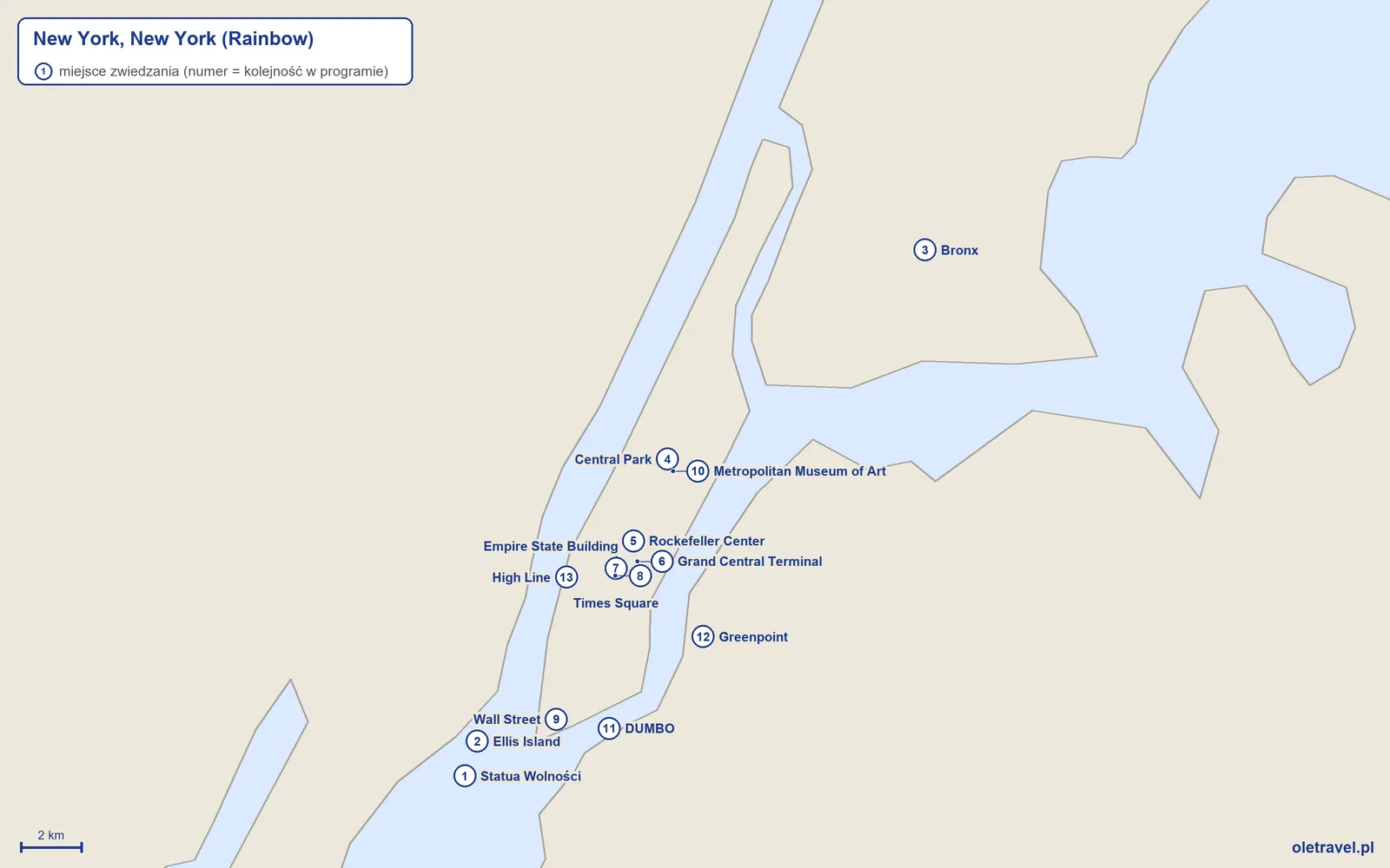 Mapa miejsc zwiedzanych na wycieczce „New York, New York” z Rainbow