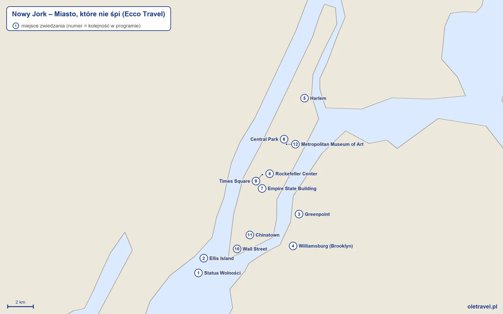 Mapa miejsc zwiedzanych na wycieczce „Nowy Jork – Miasto, które nie śpi” z Ecco Travel