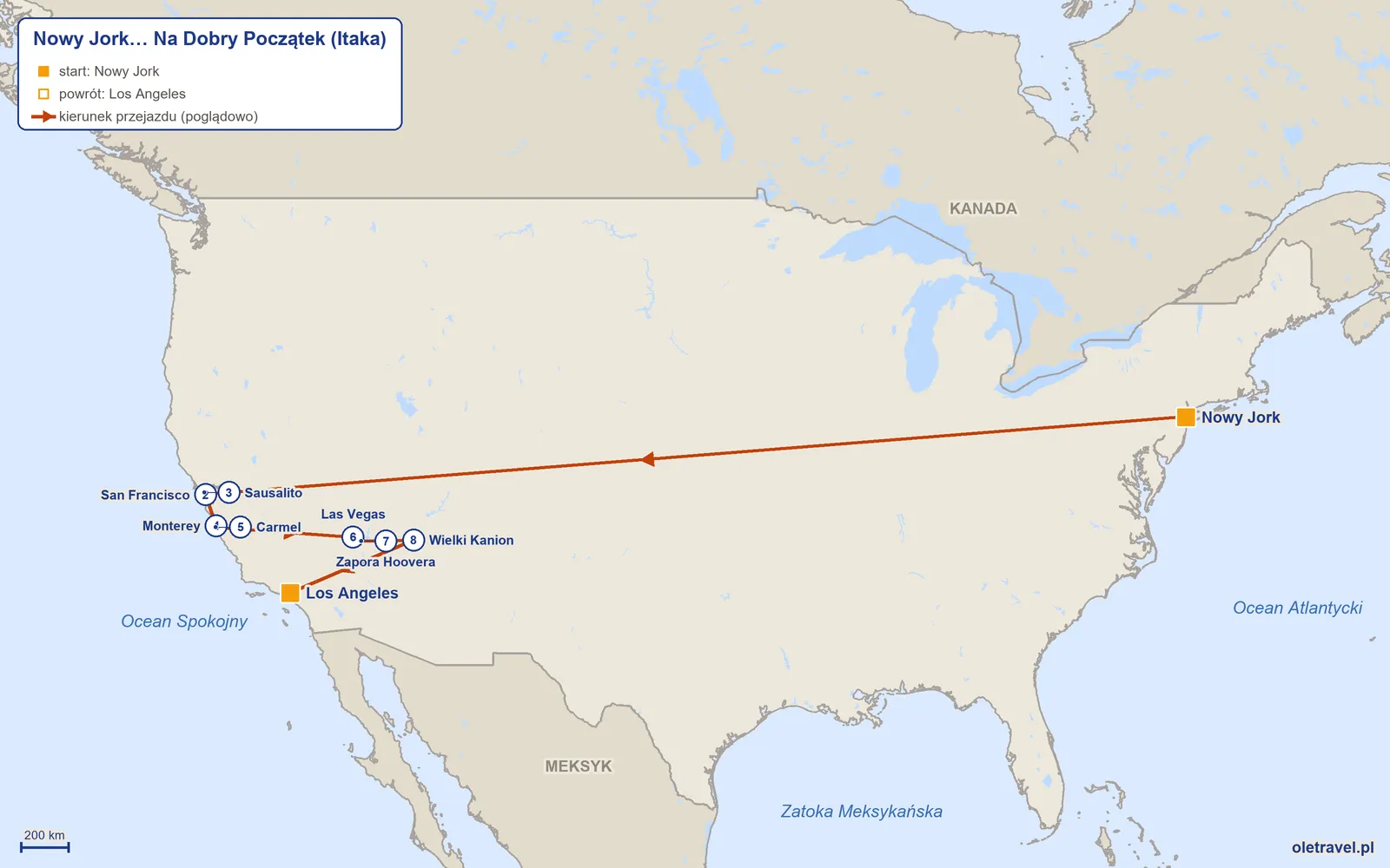 Mapa trasy wycieczki „Nowy Jork… Na Dobry Początek” z Itaką: Nowy Jork – San Francisco – Sausalito – Monterey – Carmel – Las Vegas – Zapora Hoovera – Wielki Kanion – Los Angeles