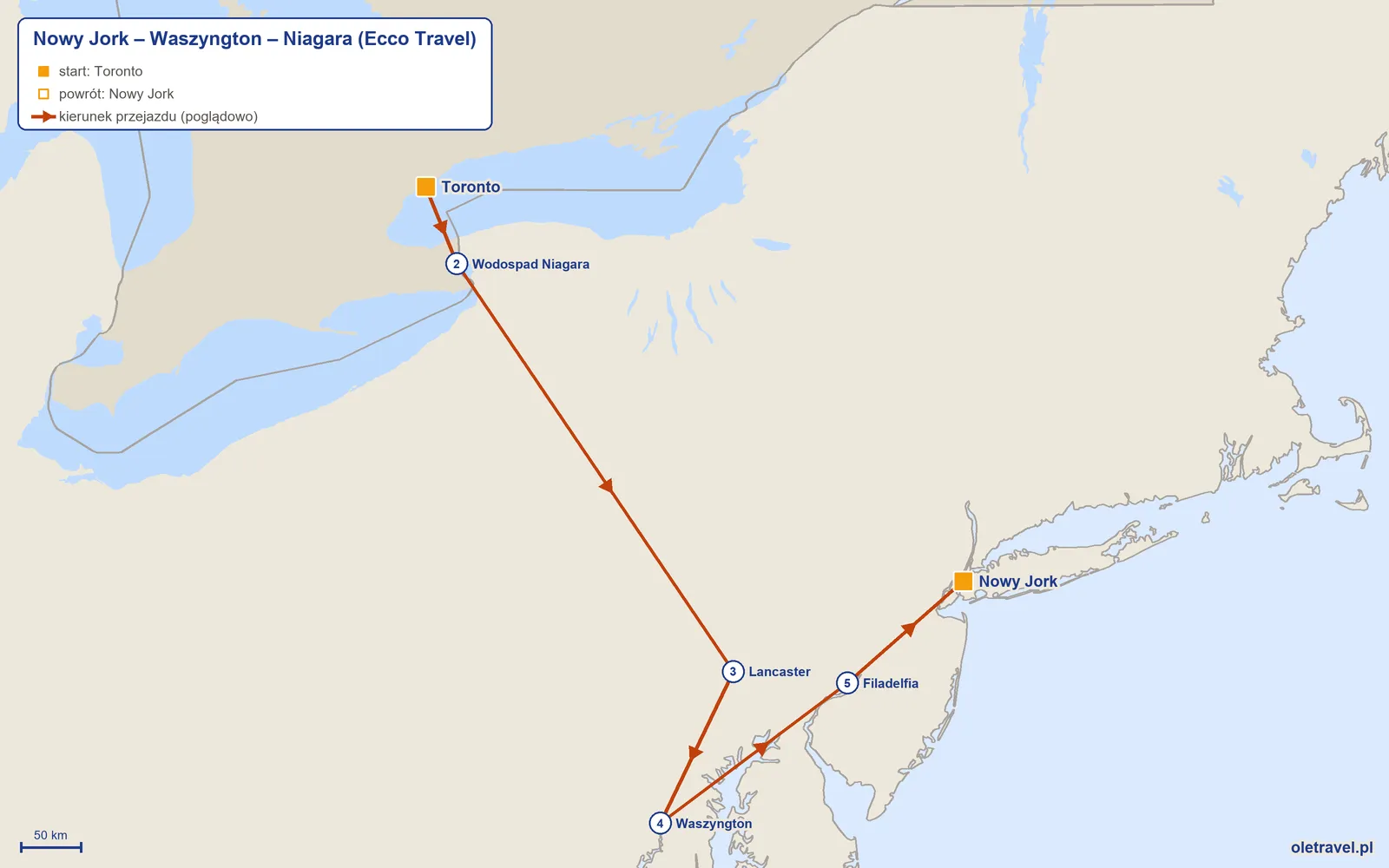 Mapa trasy wycieczki „Nowy Jork – Waszyngton – Niagara” z Ecco Travel: Toronto – Wodospad Niagara – Lancaster – Waszyngton – Filadelfia – Nowy Jork