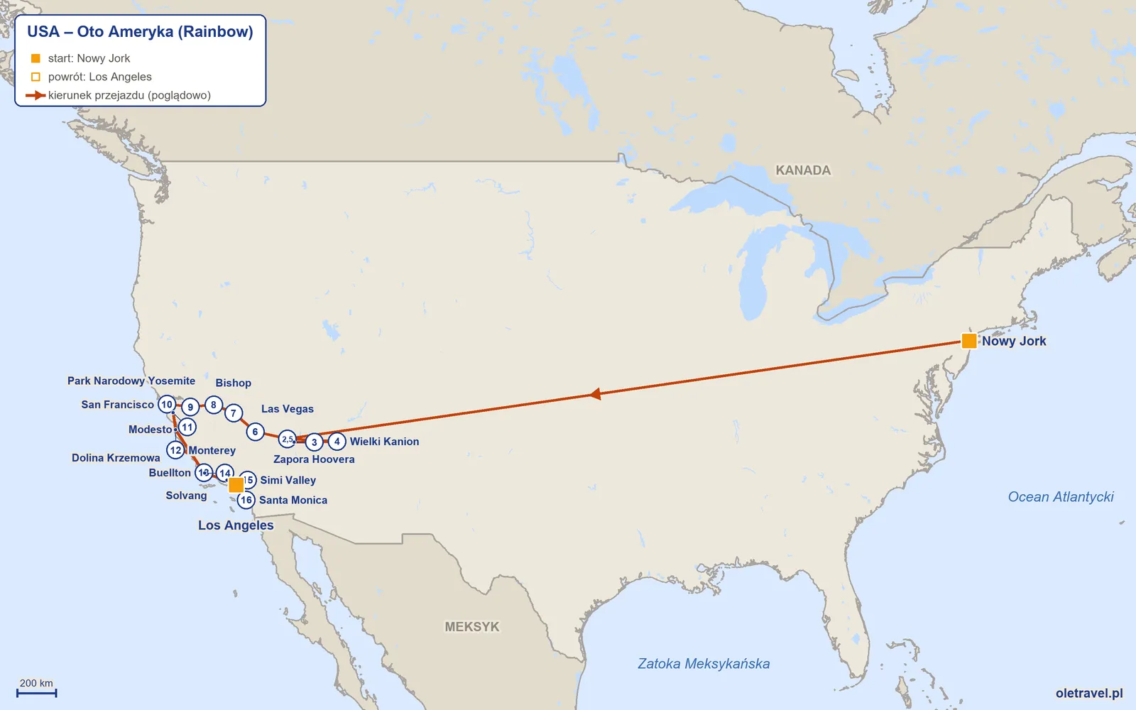 Mapa trasy wycieczki „USA – Oto Ameryka” z Rainbow: Nowy Jork – Las Vegas – Zapora Hoovera – Wielki Kanion – Las Vegas – Park Narodowy Doliny Śmierci – Bishop – Park Narodowy Yosemite – Modesto – San Francisco – Dolina Krzemowa – Monterey – Buellton – Solvang – Simi Valley – Santa Monica – Los Angeles