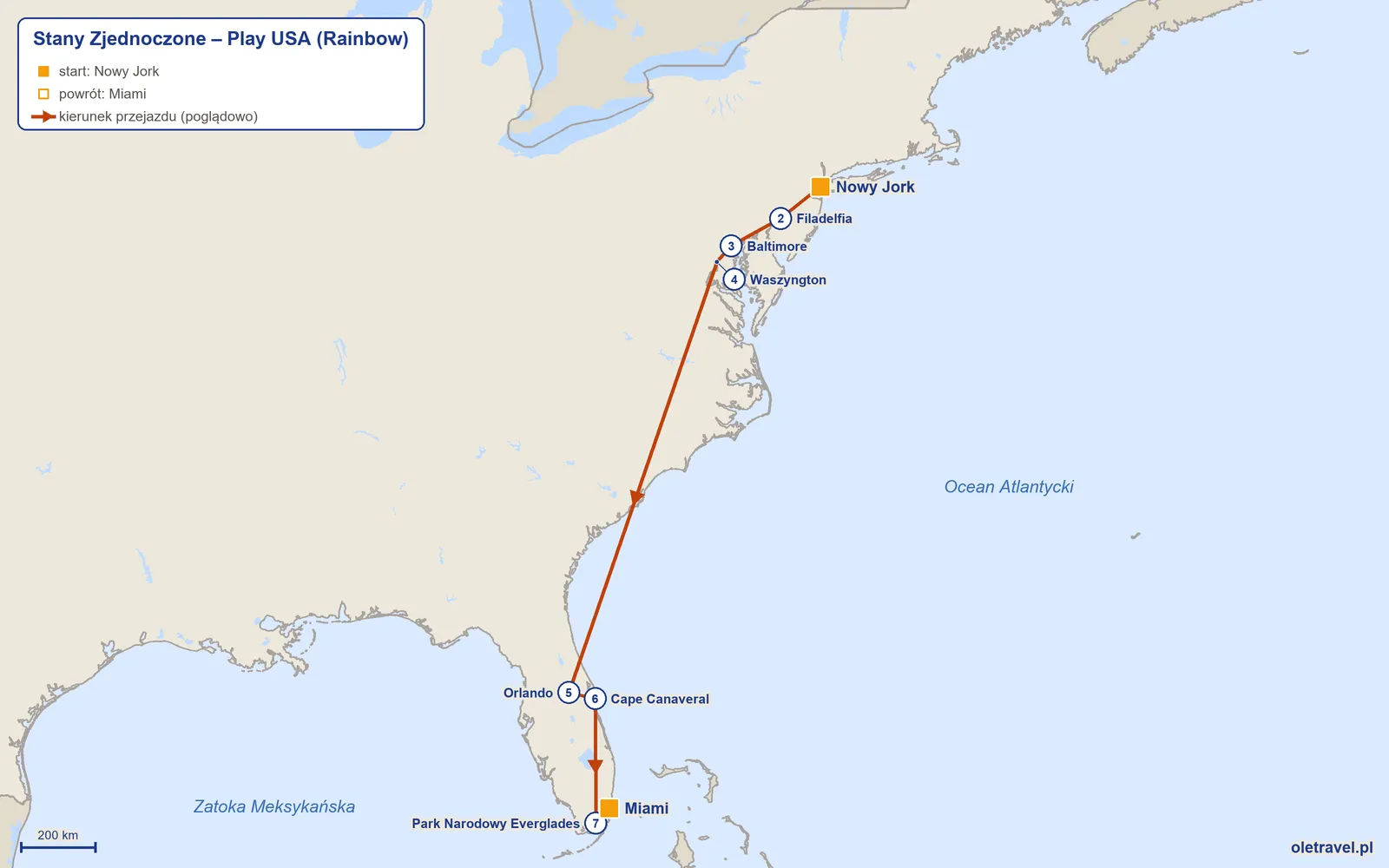Mapa trasy wycieczki „Stany Zjednoczone – Play USA” z Rainbow: Nowy Jork – Filadelfia – Baltimore – Waszyngton – Orlando – Cape Canaveral – Park Narodowy Everglades – Miami