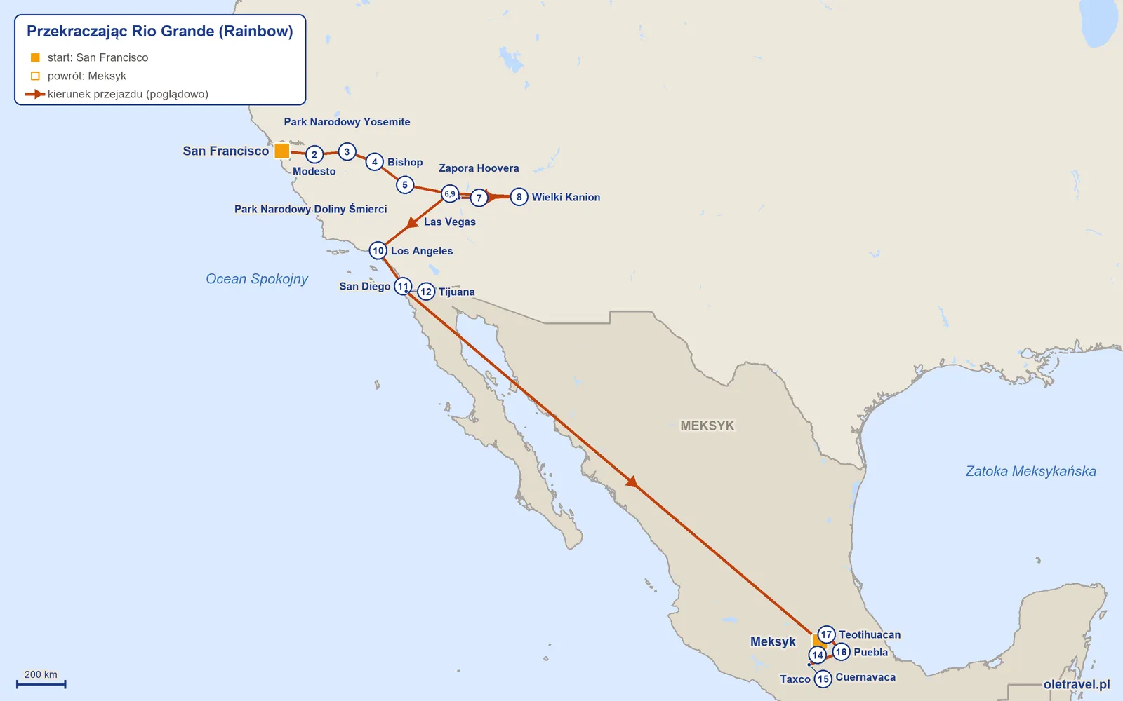 Mapa trasy wycieczki „Przekraczając Rio Grande” z Rainbow: San Francisco – Modesto – Park Narodowy Yosemite – Bishop – Park Narodowy Doliny Śmierci – Las Vegas – Zapora Hoovera – Wielki Kanion – Las Vegas – Los Angeles – San Diego – Tijuana – Meksyk – Cuernavaca – Taxco – Puebla – Teotihuacan – Meksyk
