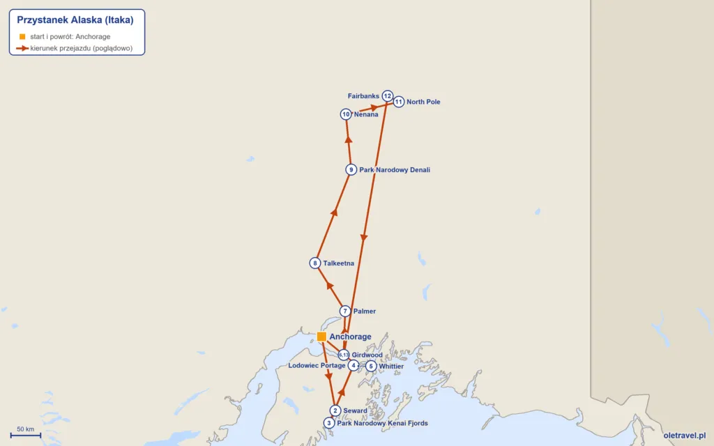 mapa trasy wycieczki Przystanek Alaska z Itaką