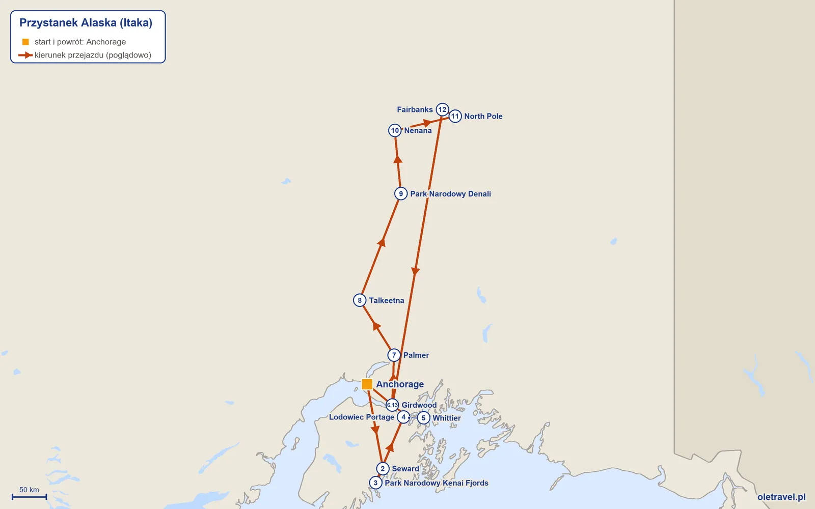 Mapa trasy wycieczki „Przystanek Alaska” z Itaką: Anchorage – Seward – Park Narodowy Kenai Fjords – Lodowiec Portage – Whittier – Girdwood – Palmer – Talkeetna – Park Narodowy Denali – Nenana – North Pole – Fairbanks – Girdwood – Anchorage