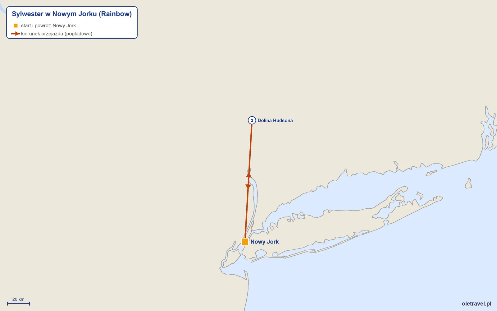 Mapa trasy wycieczki „Sylwester w Nowym Jorku” z Rainbow: Nowy Jork – Dolina Hudsona – Nowy Jork