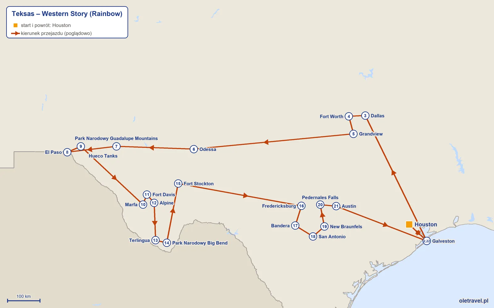 Mapa trasy wycieczki „Teksas – Western Story” z Rainbow: Houston – Galveston – Dallas – Fort Worth – Grandview – Odessa – Park Narodowy Guadalupe Mountains – El Paso – Hueco Tanks – Marfa – Fort Davis – Alpine – Terlingua – Park Narodowy Big Bend – Fort Stockton – Fredericksburg – Bandera – San Antonio – New Braunfels – Pedernales Falls – Austin – Galveston – Houston