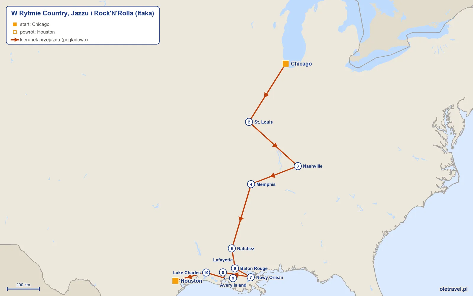 Mapa trasy wycieczki „W Rytmie Country, Jazzu i Rock'N'Rolla” z Itaką: Chicago – St. Louis – Nashville – Memphis – Natchez – Baton Rouge – Nowy Orlean – Lafayette – Avery Island – Lake Charles – Houston